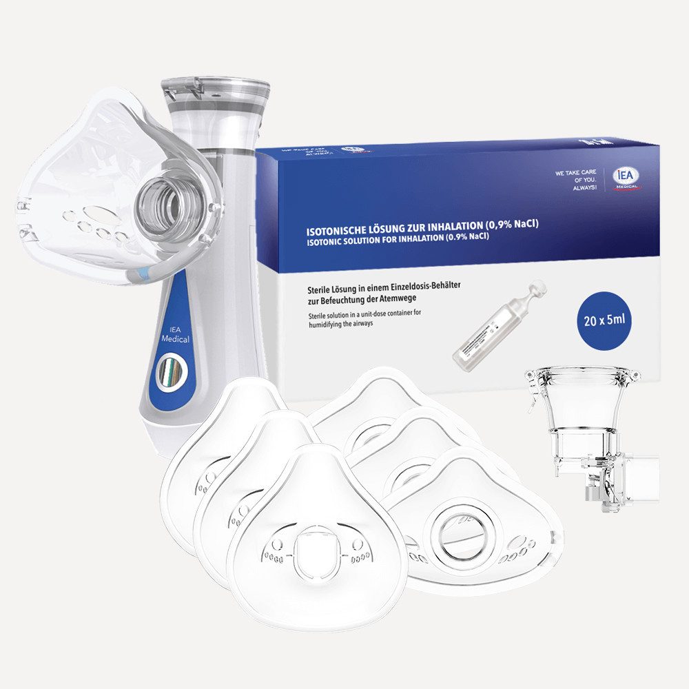 IEA Medical Inhalationsgerät Inhalator Komplettset mit Zubehör & 0,9 % NaCl Lösung, 5-tlg., Komplettset mit Inhalator, Zubehör und 0,9 % NaCl Kochsalzlösung