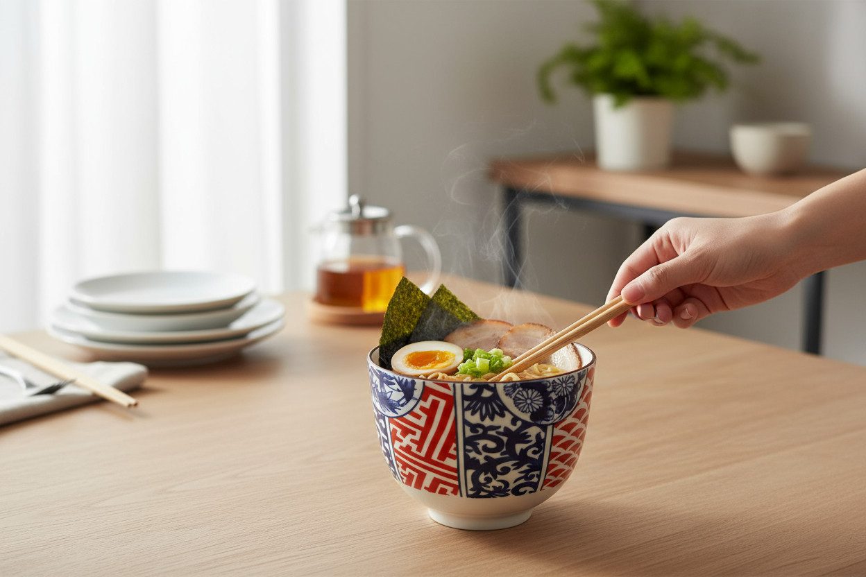 WestCraft Snackschale Soba-Bowls ASIATICA, Porzellan-Schale, Reis mit Stäbchenhalter Ø 13 cm, Porzellan, (3-tlg), Inkl. Essstäbchen - ideal für Soba, Ramen, Udon oder Reisgerichte.