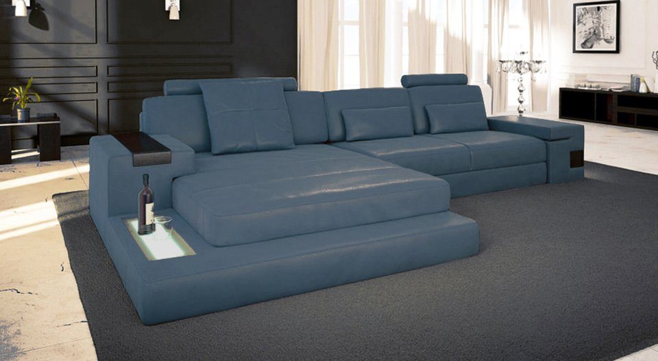 BULLHOFF Ecksofa Leder Sofa Ocean Grün Eckcouch Blau Leder HAMBURG Couch Ecksofa - LED-Licht Blau