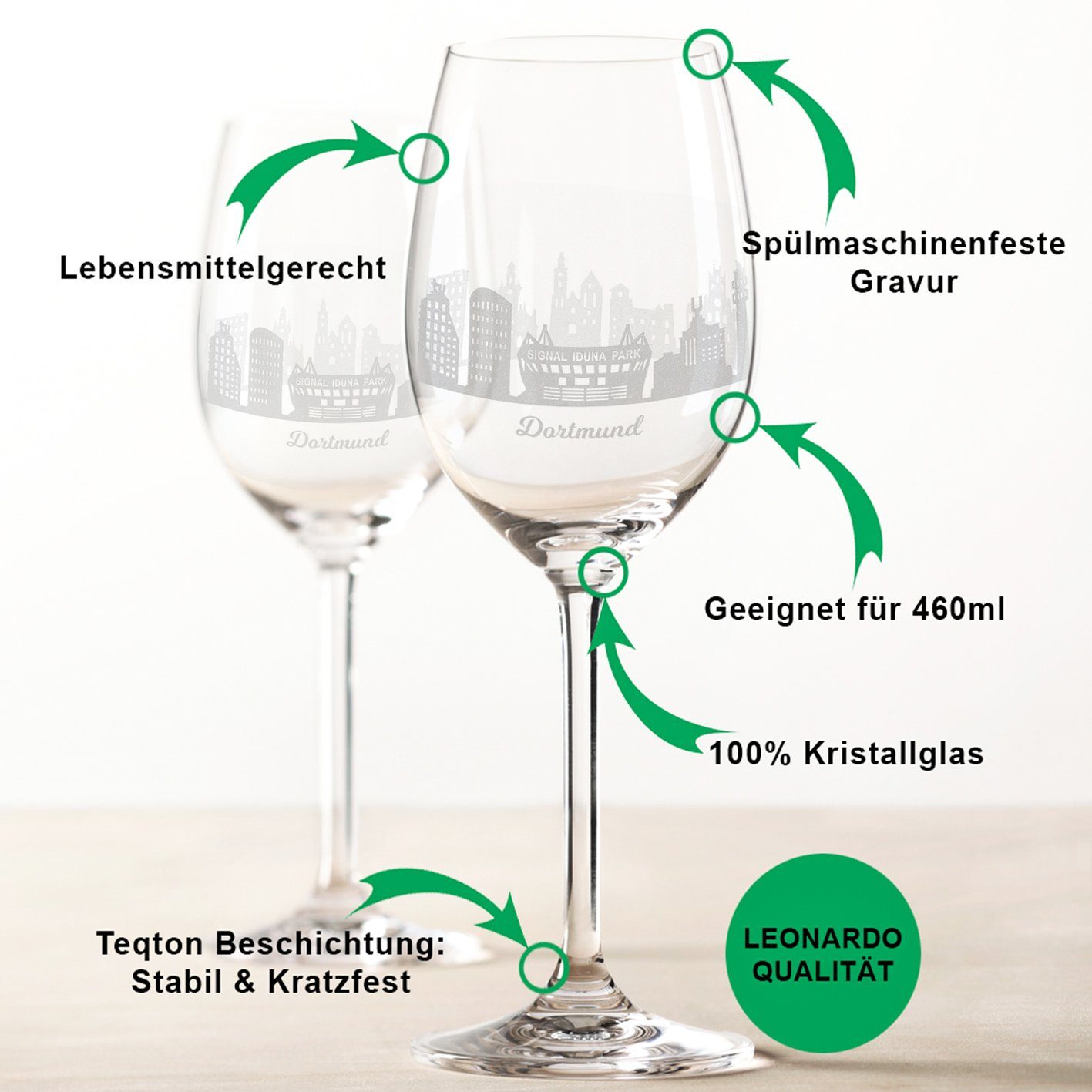 GRAVURZEILE Rotweinglas Leonardo Weinglas 2er Set mit 360° Gravur - Skyline Dortmund, Glas, graviertes Geschenk als Souvenier, Andenken & Mitbringsel