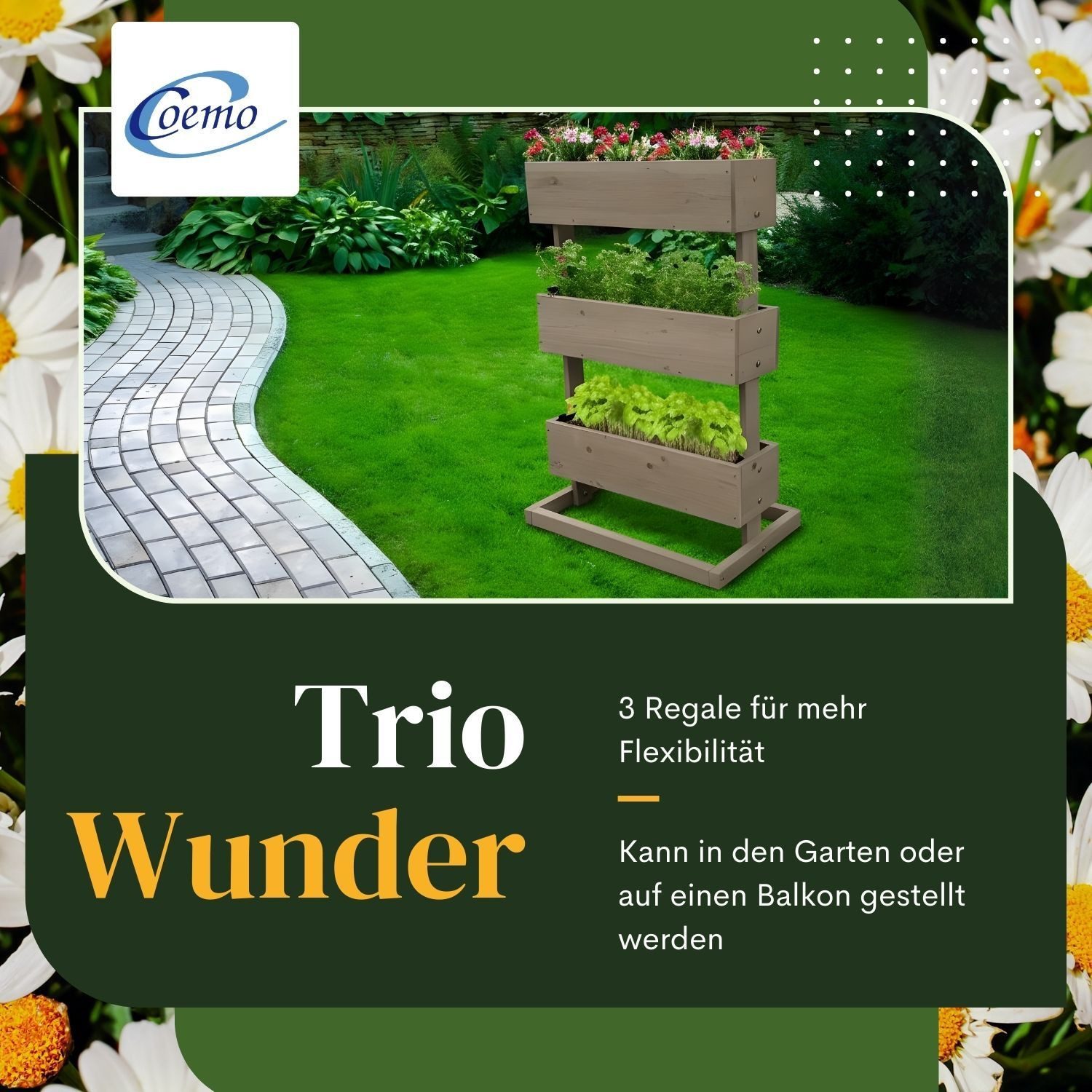 Coemo Hochbeet (1 St), Vertikalbeet aus Holz mit 3 Pflanzkästen Blumenkasten Frühbeet