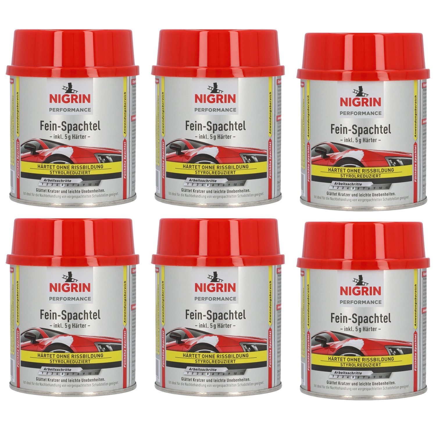 NIGRIN Fertigspachtel 6x Fein-Spachtel mit Härter 250g Spachtel-Masse Auto, (6x 250g Fein-Spachtel), Glättspachtel Zweikomponenten-Spachtel Porenfrei Karosserie Lack
