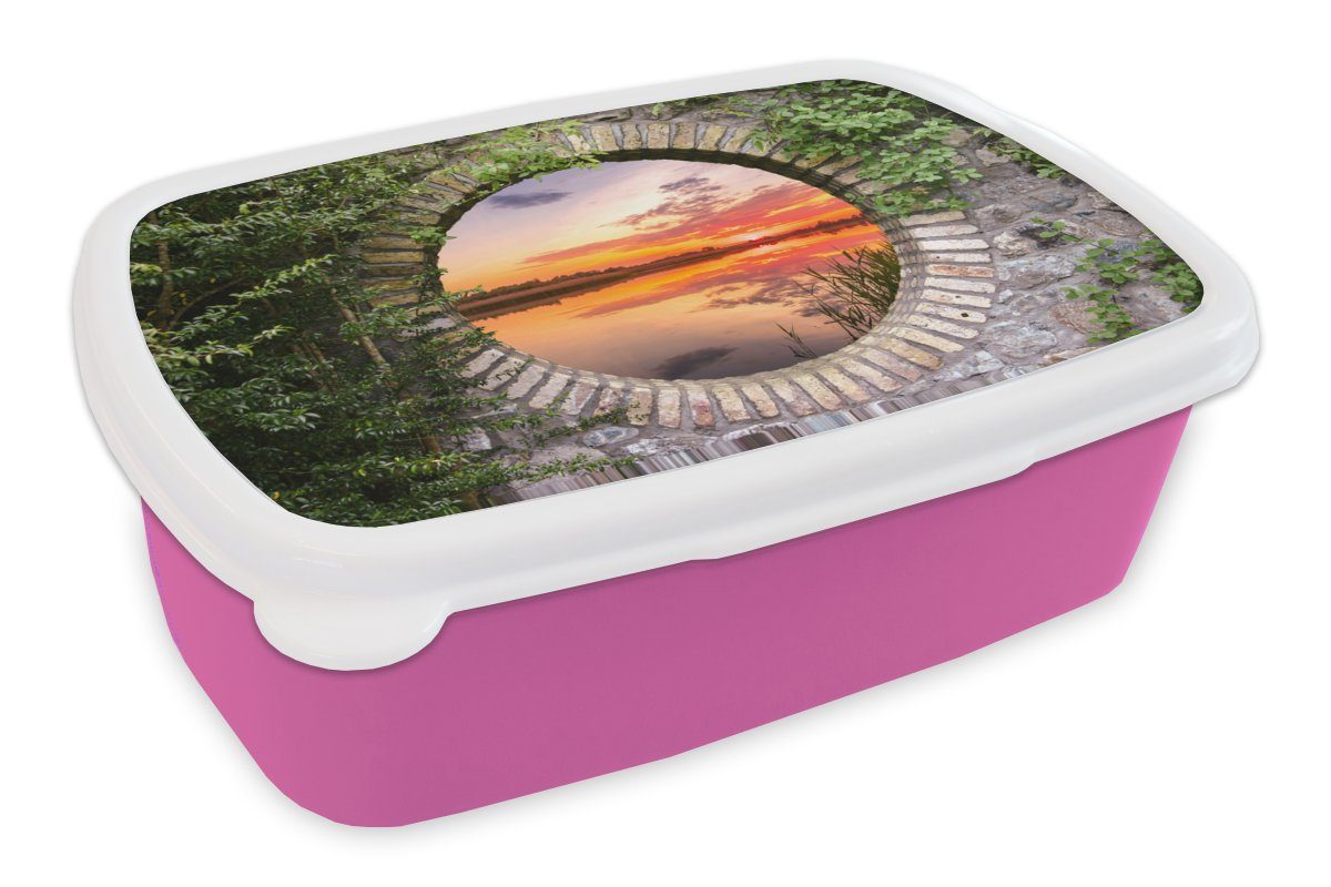 Kinder, Brotdose MuchoWow rosa Mädchen, für Ausblick, Kunststoff (2-tlg), Sonnenuntergang Erwachsene, - Meer - Snackbox, Brotbox Kunststoff, Lunchbox