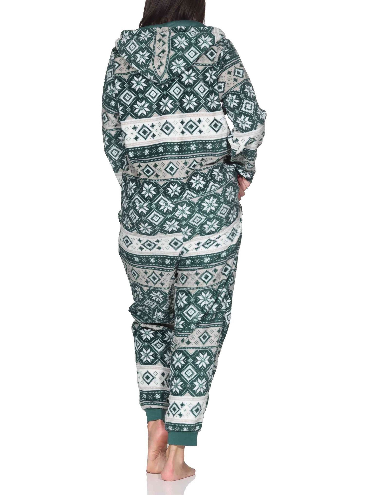 Normann Pyjama Damen Schlafanzug Jumpsuit Overall in Norweger Optik aus Coral Fleece – Bild 4 von 4