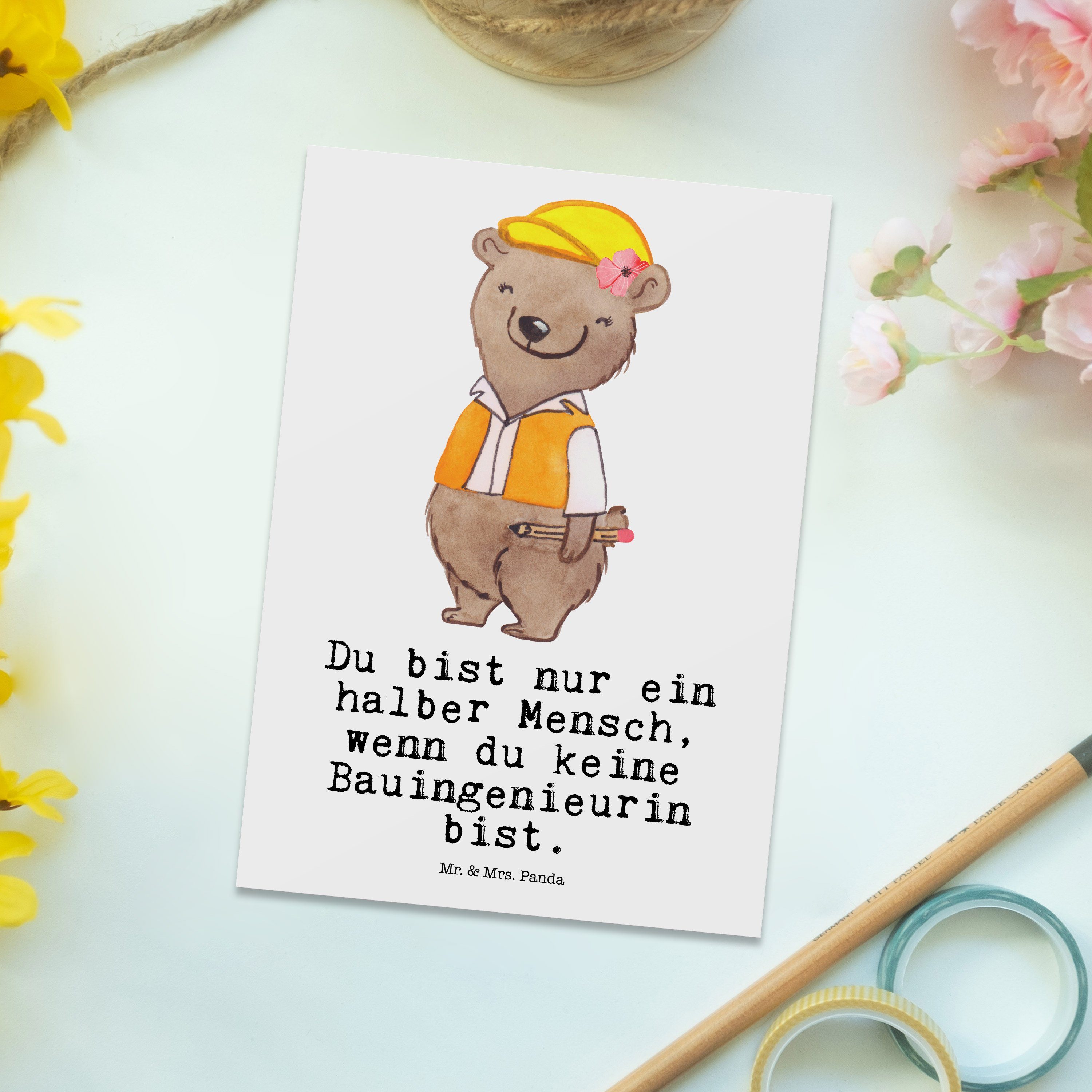 Statikerin, mit - Postkarte - Geschenk, Kart & Bauingenieurin Weiß Kollegin, Panda Mrs. Herz Mr.
