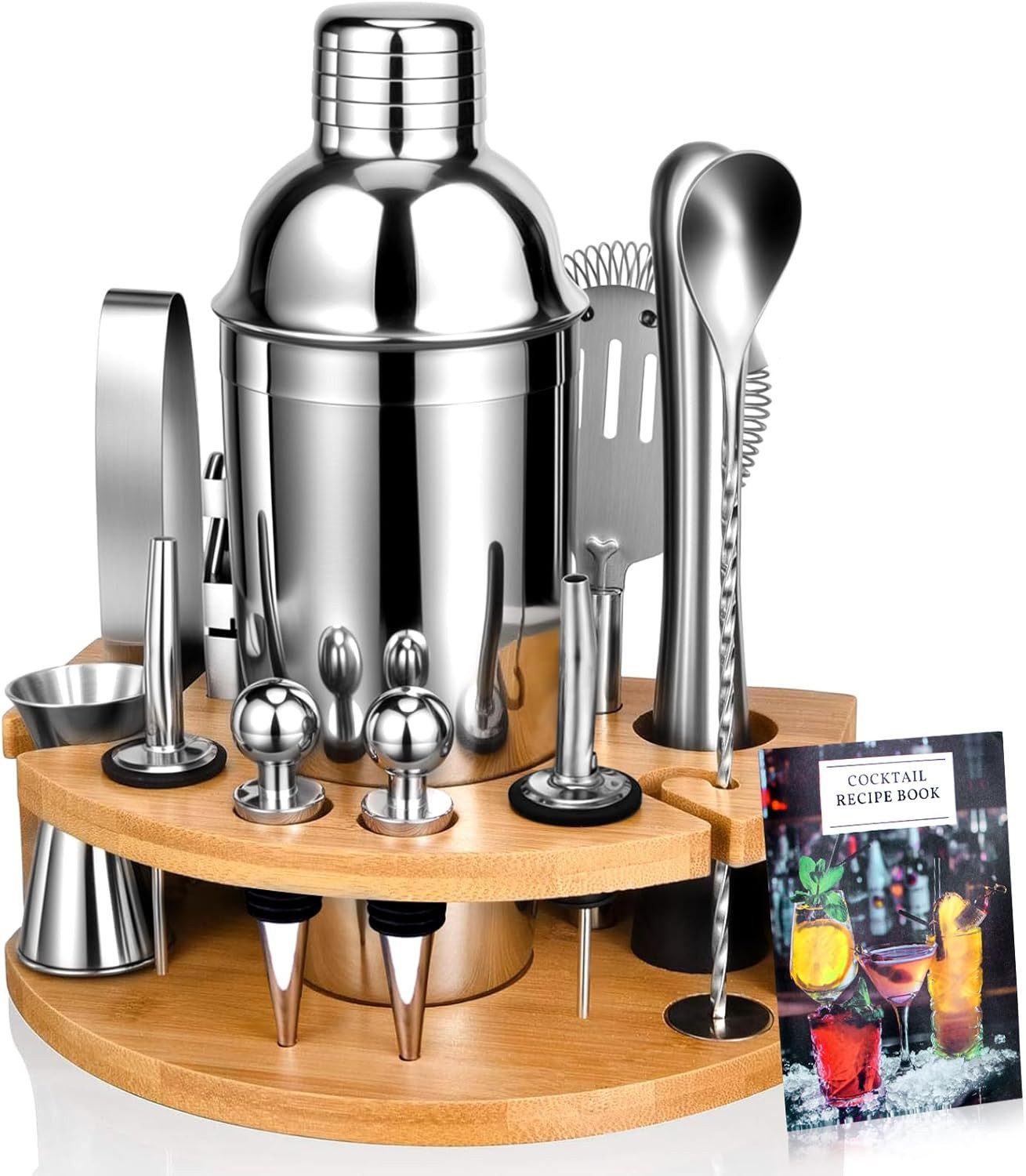 PFCTART Cocktail-Set Cocktail Set 12-tlg. mit Bambusständer, 750ml Edelstahl-Shaker, (Set, 12-tlg., Cocktail Zubehör für Zuhause, Party & Geschenk, komplett), Barset mit Rezeptbuch, Messbecher, Barsieb & Eissteinen
