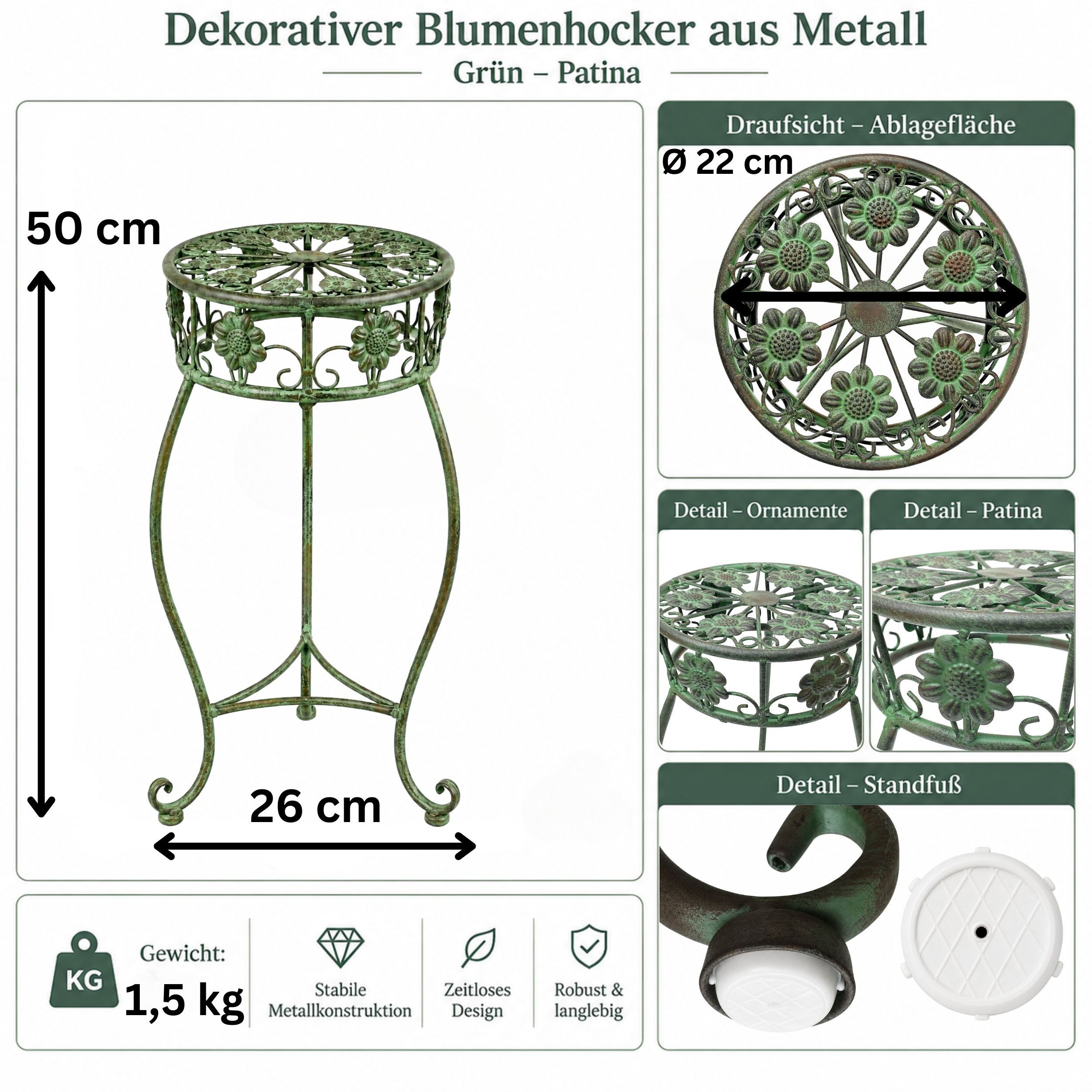 DanDiBo Blumenhocker Metall Grün 50 - 75 cm Blumenständer Blumensäule Antik – Bild 2 von 5