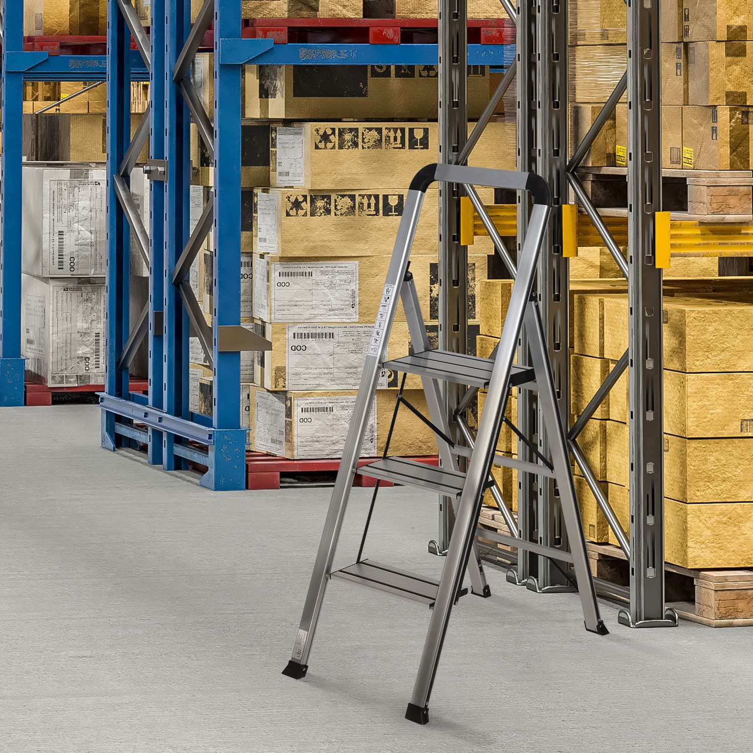 hjh OFFICE Trittleiter Klappleiter SOLID V Aluminium (1 St, 1-St), Leiter mit 3 Stufen, mit Sicherheitsbügel