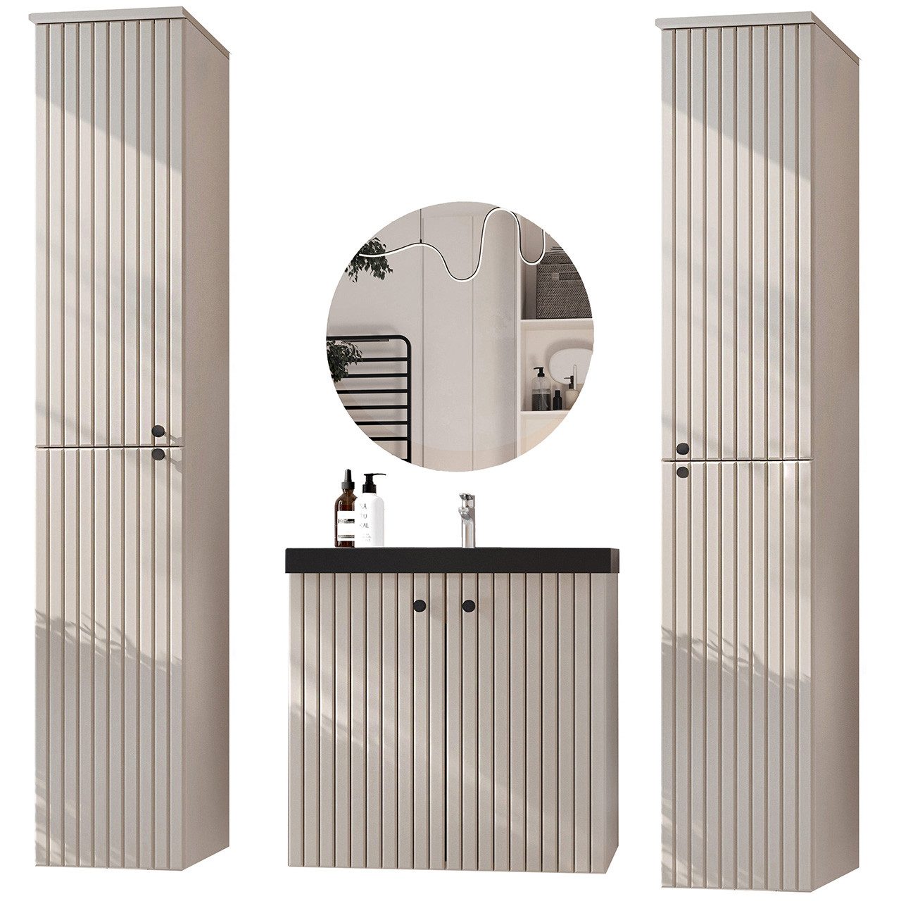 Badezimmer-Set Badmöbel Set ASTRO LONG kaschmir LAMELLEN