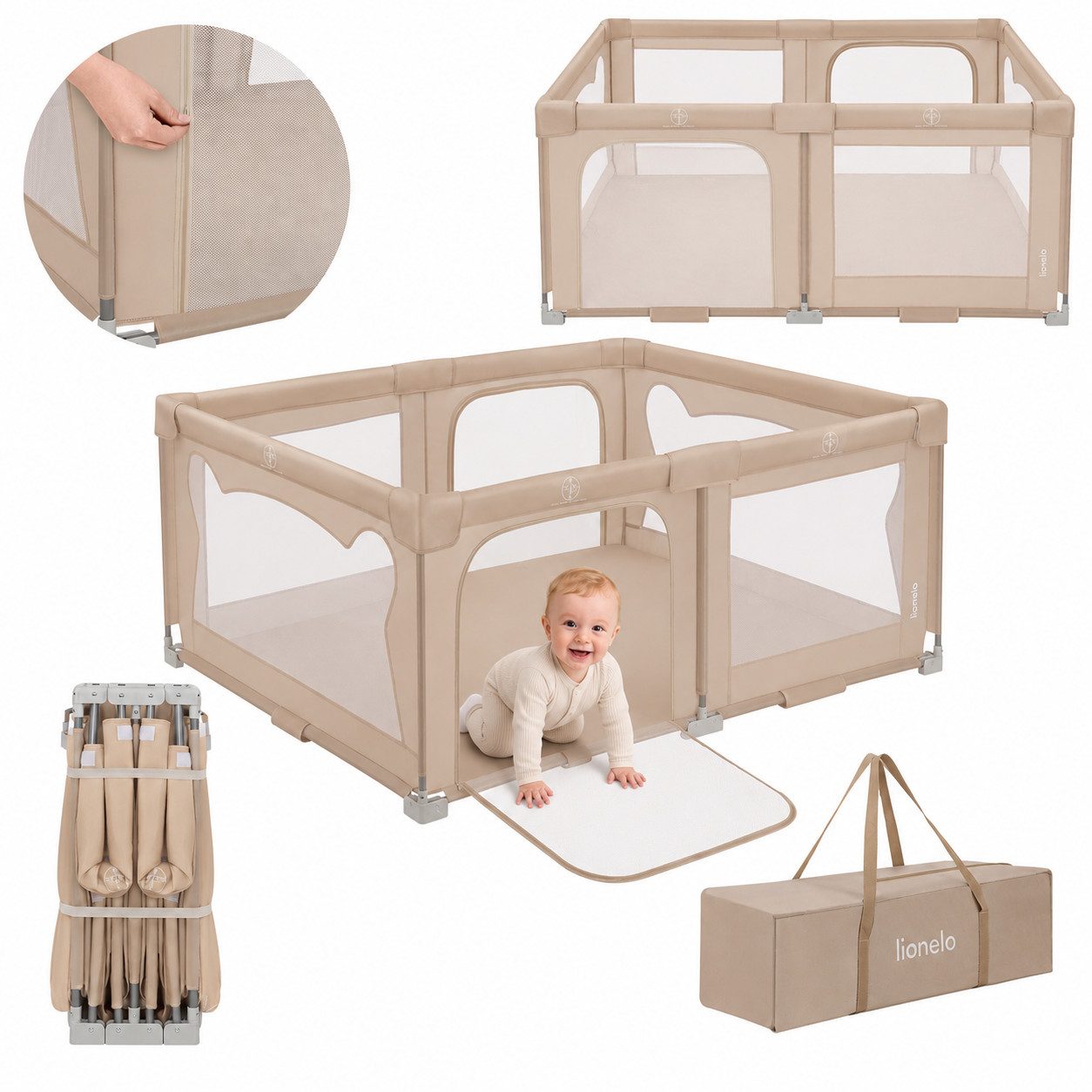 lionelo Laufgitter FLORENCE EASY FOLD (Set: Laufgitter + Tragetasche), Easy Fold/150x180 cm/Netz/2 Eingänge/Tasche/klappbar