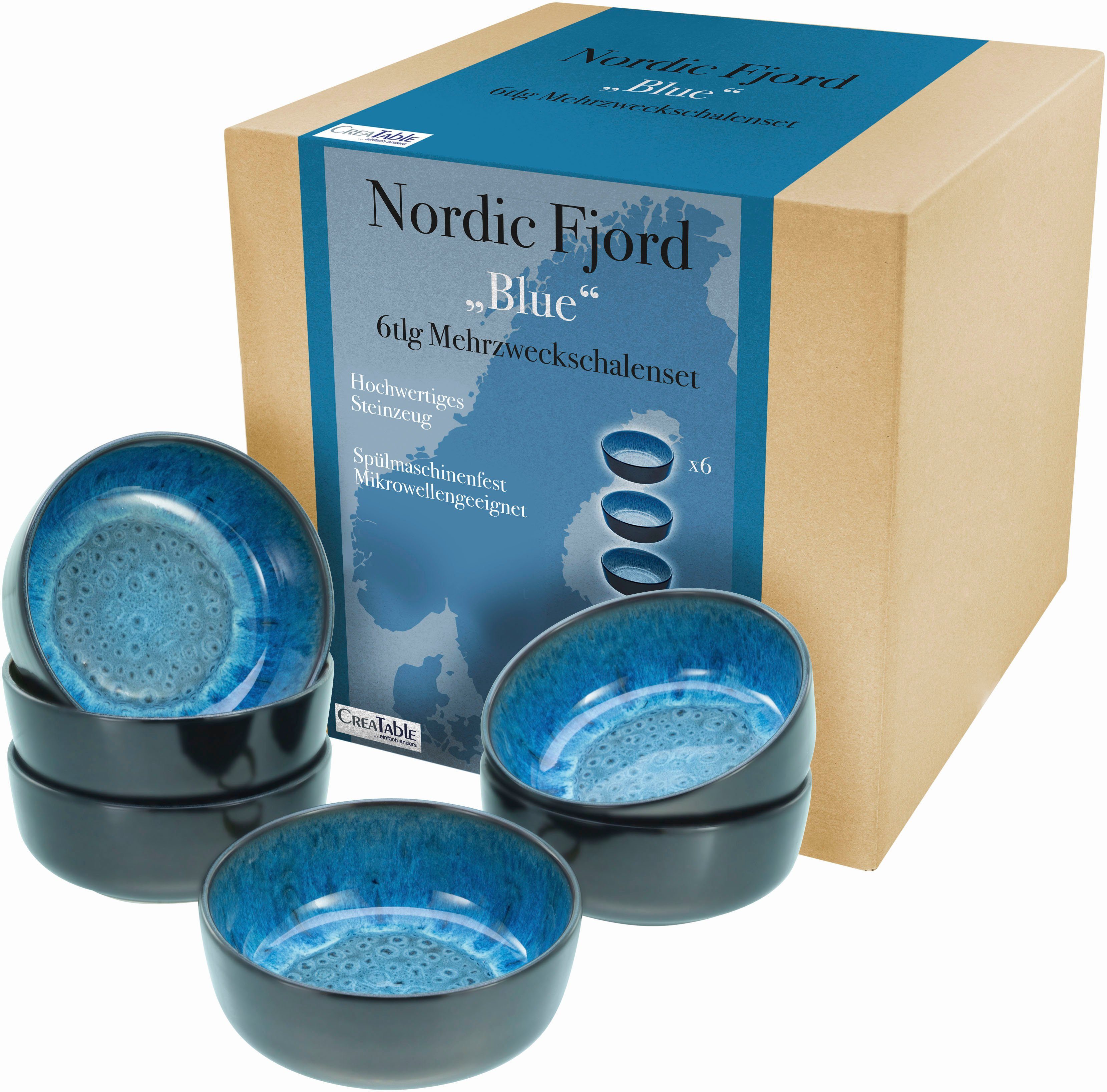 CreaTable Müslischale Nordic Fjord, Steinzeug, (Set, 6-tlg), Salatschale, Snackschale, Ø 15,5 cm, 960 ml | Müslischalen