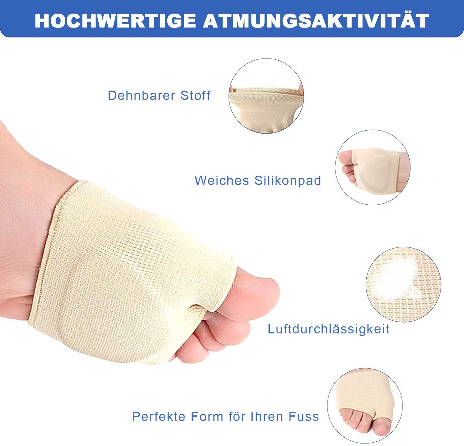 COOL-i ® Barfußsohlen, 2 Stk. Gel Mittelfuß- & Vorderfußpolster: Schmerzlindernde Halbsocke