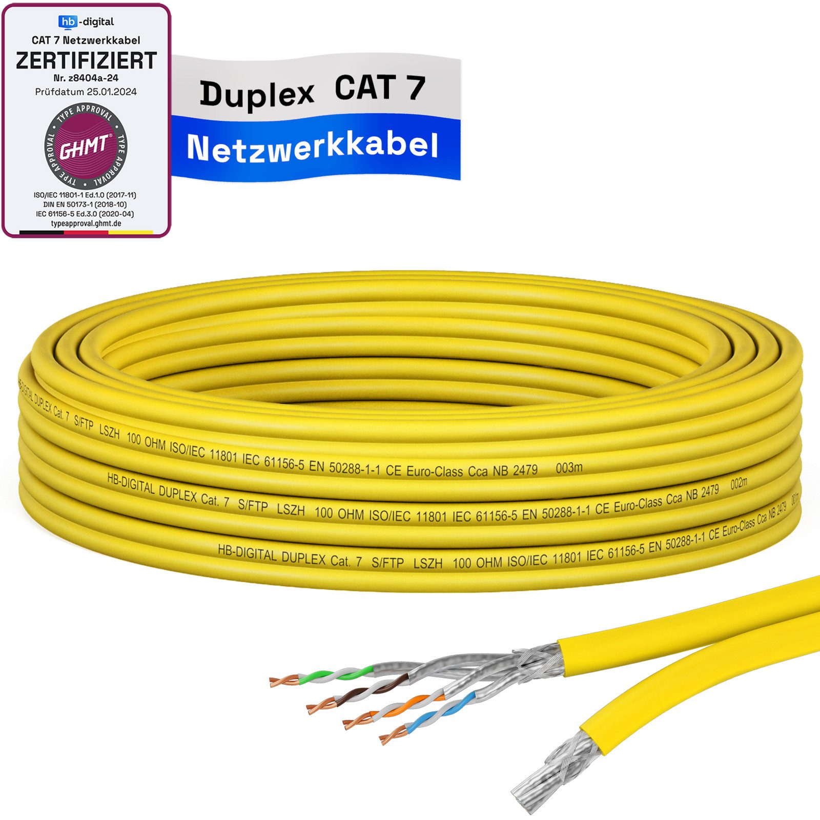 HB-DIGITAL CAT 7 Kabel Duplex Installationskabel Ethernet S/FTP LSZH AWG23, Netzwerkstecker, (500 cm), hochwertiges GHMT zertifiziertes reines Kupfer Duplex Verlegekabel