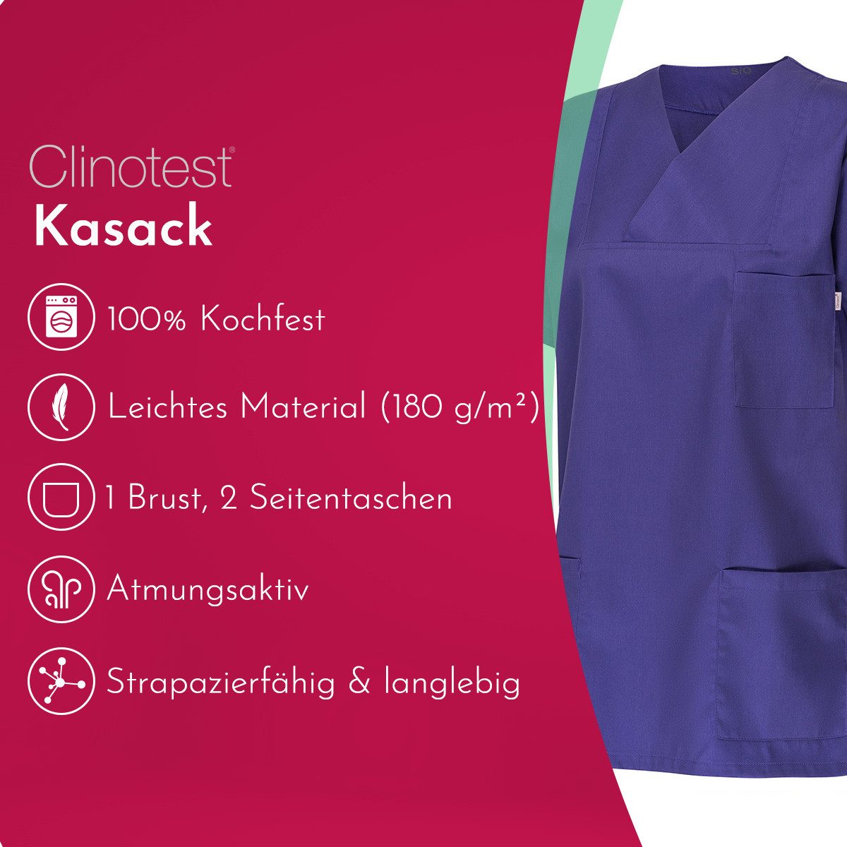 Clinotest Funktionsbluse Kasack Damen & Herren - 95 Grad waschbare, kochfest ohne einzulaufen (1-tlg) Schlupfkasack aus Baumwolle & Polyester - Berufsbekleidung – Bild 2 von 5