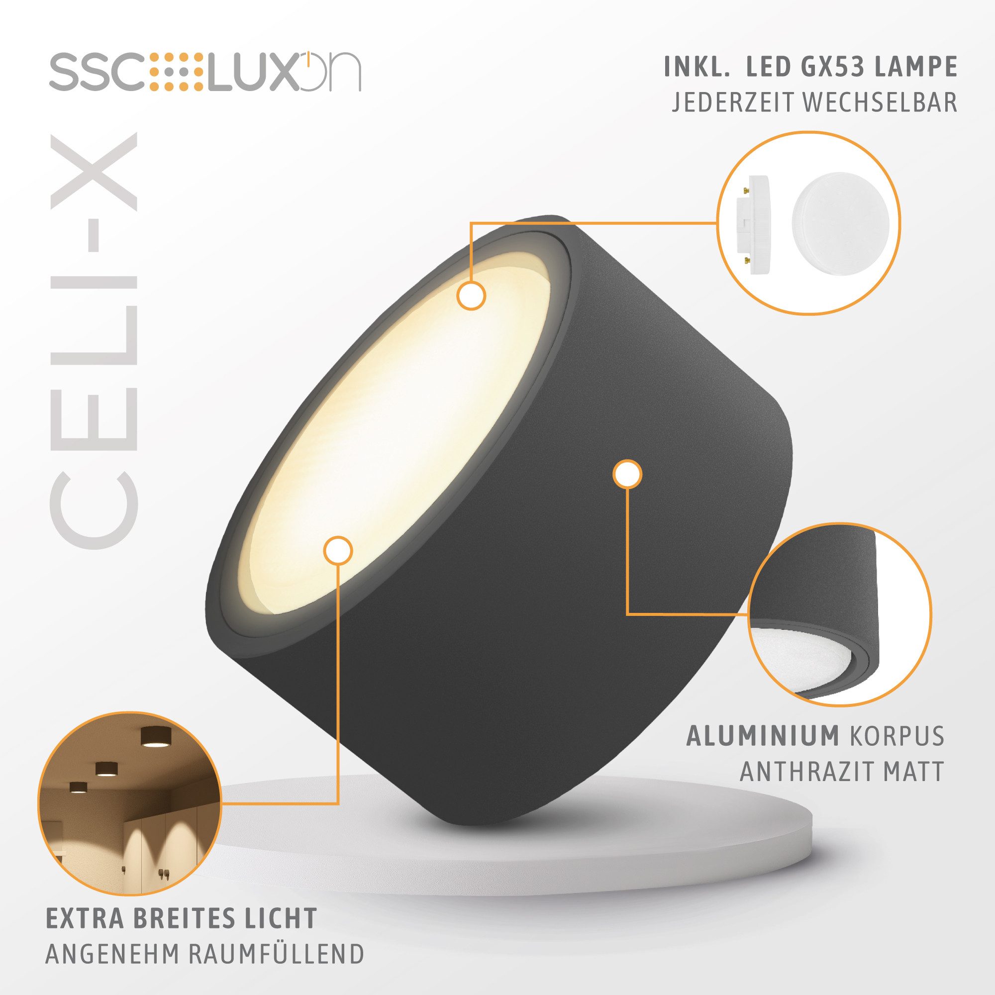 SSC-LUXon LED Aufbaustrahler CELI-X LED Aufbauspot anthrazit flach rund 3 Lichtfarben 230V GX53, Neutralweiß, Warmweiß, Tageslichtweiß