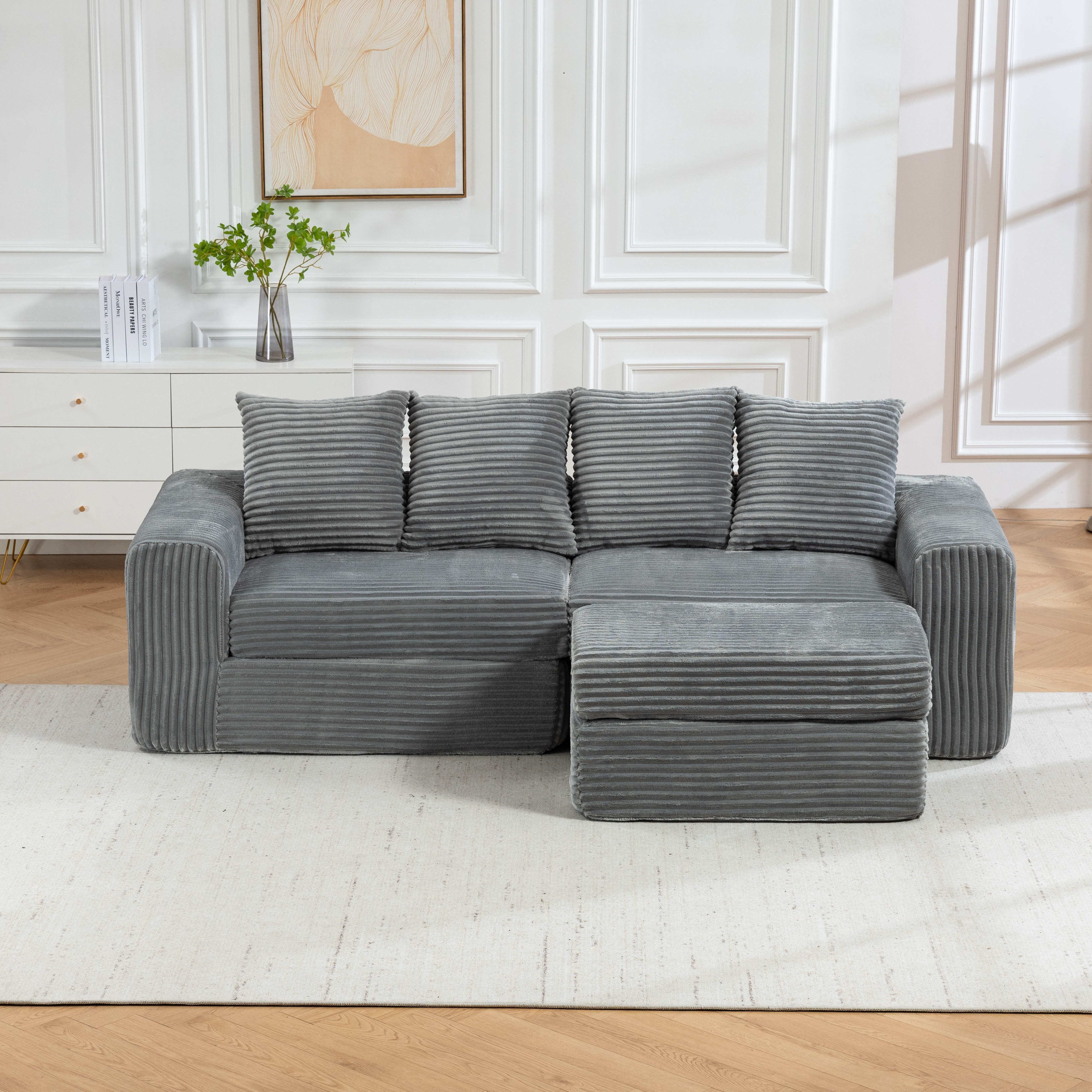 Sinaopus Ecksofa Modulares Ecksofa mit Fußhocker aus Cord, breite Sitzfläche, Bequemes Wohnzimmersofa mit flexiblem Hocker und weicher Polsterung