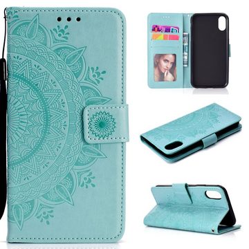 CoverKingz Handyhülle Xiaomi Redmi 9A Handy Hülle Flip Case Cover Handytasche Mandala Grün 16,5 cm (6,5 Zoll), Klapphülle Schutzhülle mit Kartenfach Schutztasche Motiv Mandala
