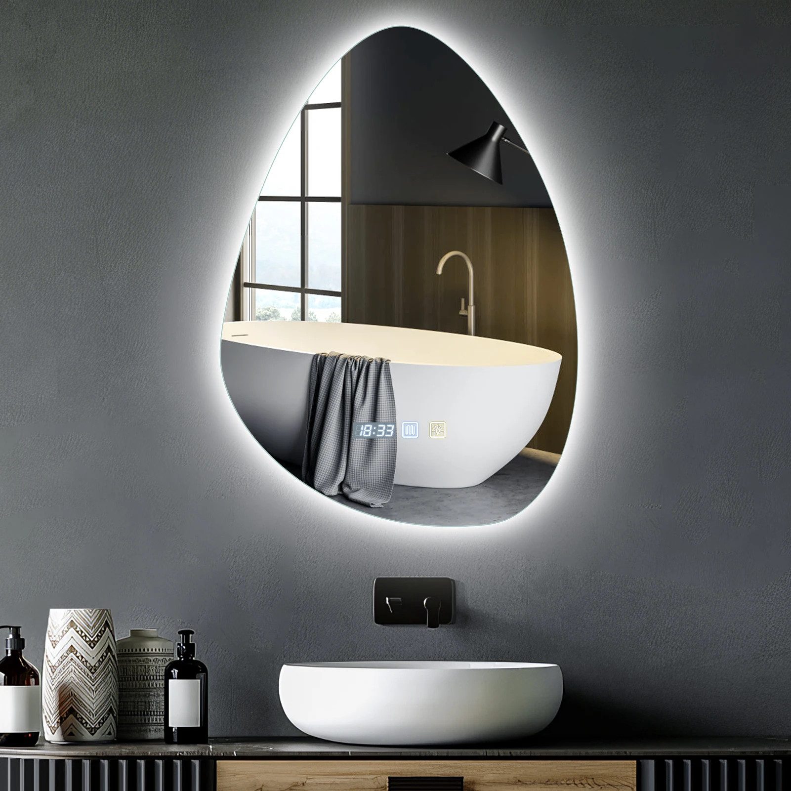 Nagham Ghazal Aswad Badspiegel Round LED Mirror 60cm, Modernes Tropfendesign mit LED-Beleuchtung und Antibeschlag