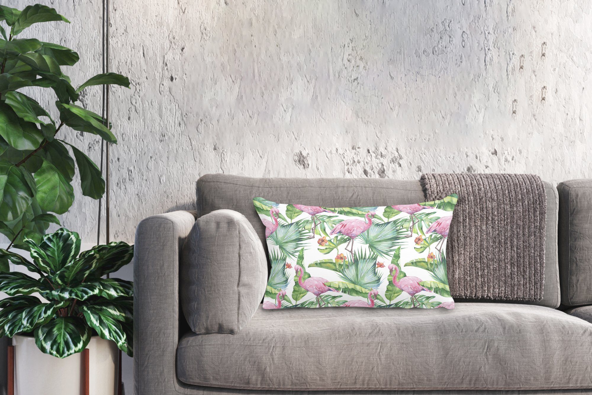 Wohzimmer - Zierkissen, Blätter Flamingo Dschungel, Dekokissen mit - Dekokissen MuchoWow Füllung, Blumen Schlafzimmer - Dekoration,