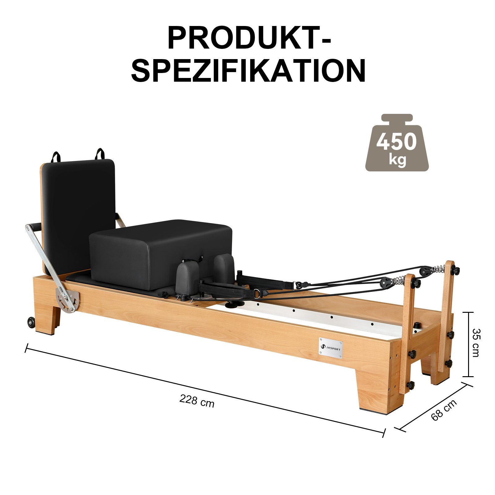 JASPORT Pilates-Reformer P80 aus Buchenholz, 450KG Belastbar, (ausgestattet mit Federn, Sitzbox, Jumpboard und Zubehör), für Studio und Zuhause