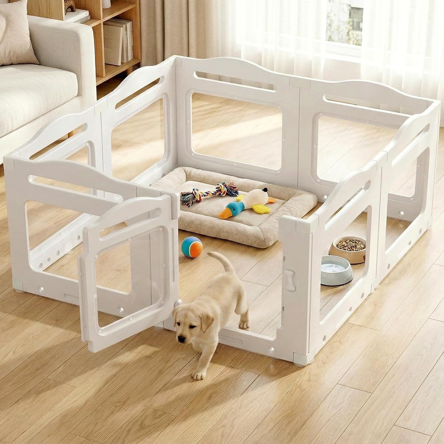 TLGREEN Freigehege 8-teilig Acryl Welpenlaufstall 129×129×60cm, HDPE Welpenauslauf mit Tür, Indoor Hundezaun für kleine Hunde & Katzen