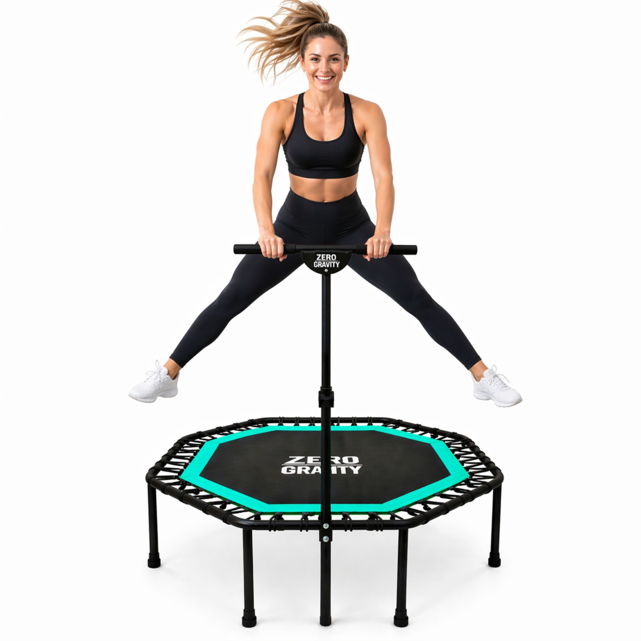 Zero Gravity Fitnesstrampolin mit großer Sprungfläche • Höhenverstellbarer Haltegriff • Bis 130kg, Ideal für Jumping Fitness, Leise Bungeeseilfederung, 9 Standbeine