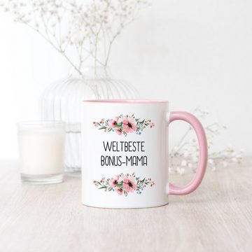 Hey!Print Tasse Weltbeste Bonus-Mama Tasse Mutterliebe Blumenmotiv Geschenkidee Muttertag Geburtstag, Keramik