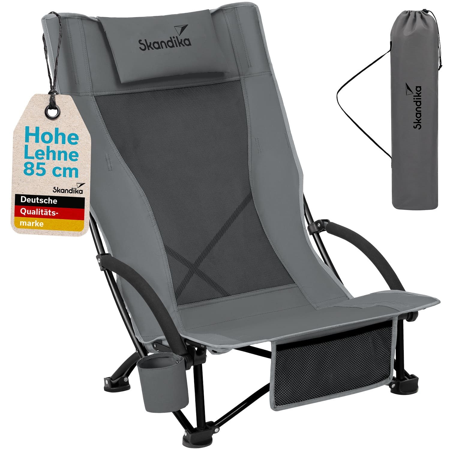 Skandika Campingstuhl Beach, Strand Stuhl, Hohe Rückenlehne, Klappstuhl, max. 136 kg (Extra breite Füße, Organizer-Tasche, robuste Stahlgestell), mit atmungsaktivem Mesh, Getränkehalter, Vordertasche, Kopfkissen