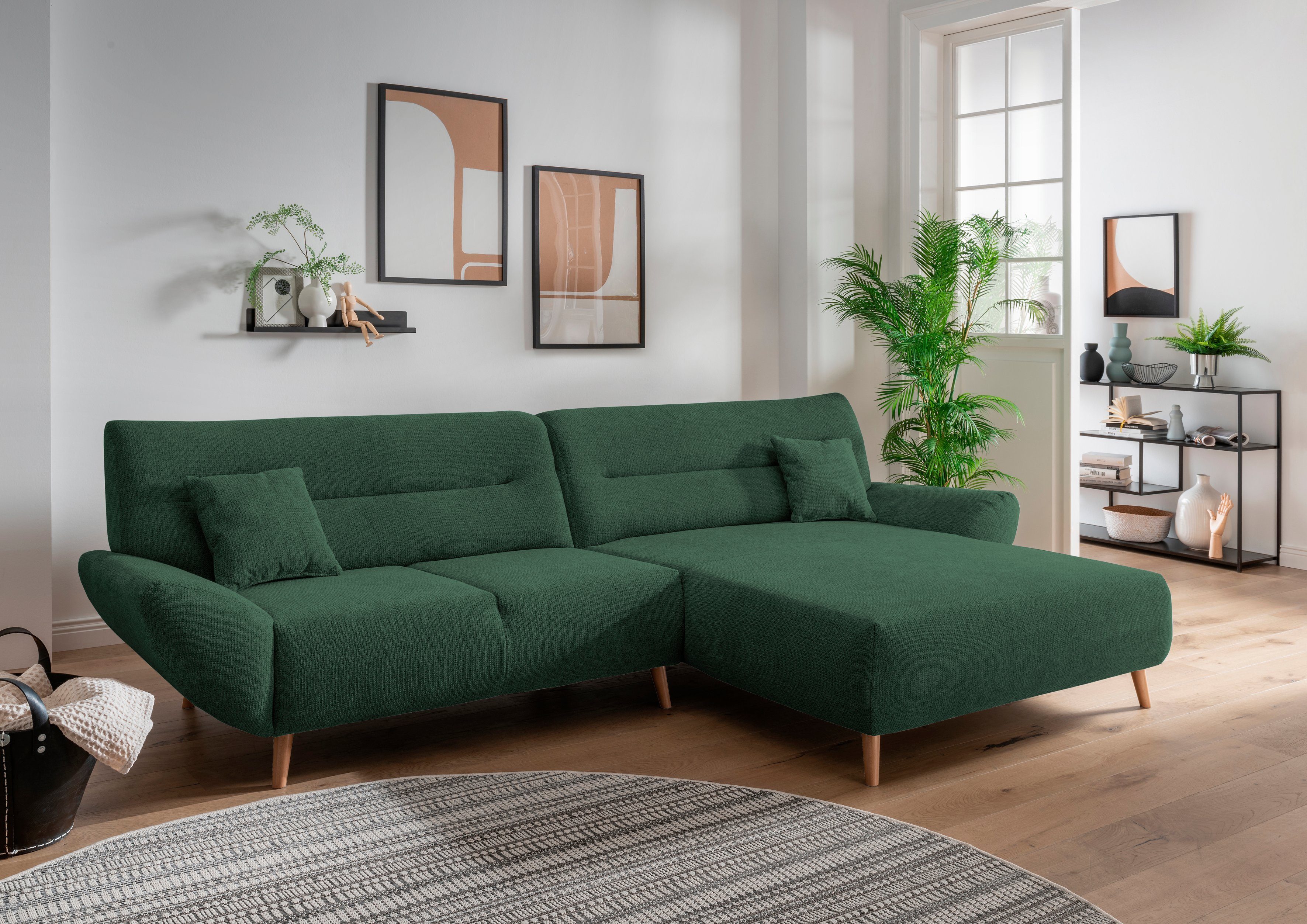 Home affaire Ecksofa Drago, elegant und zeitlos, komfortabel, Holzfuß, L-Form, frei im Raum stellbar, inkl. 2 Zierkissen