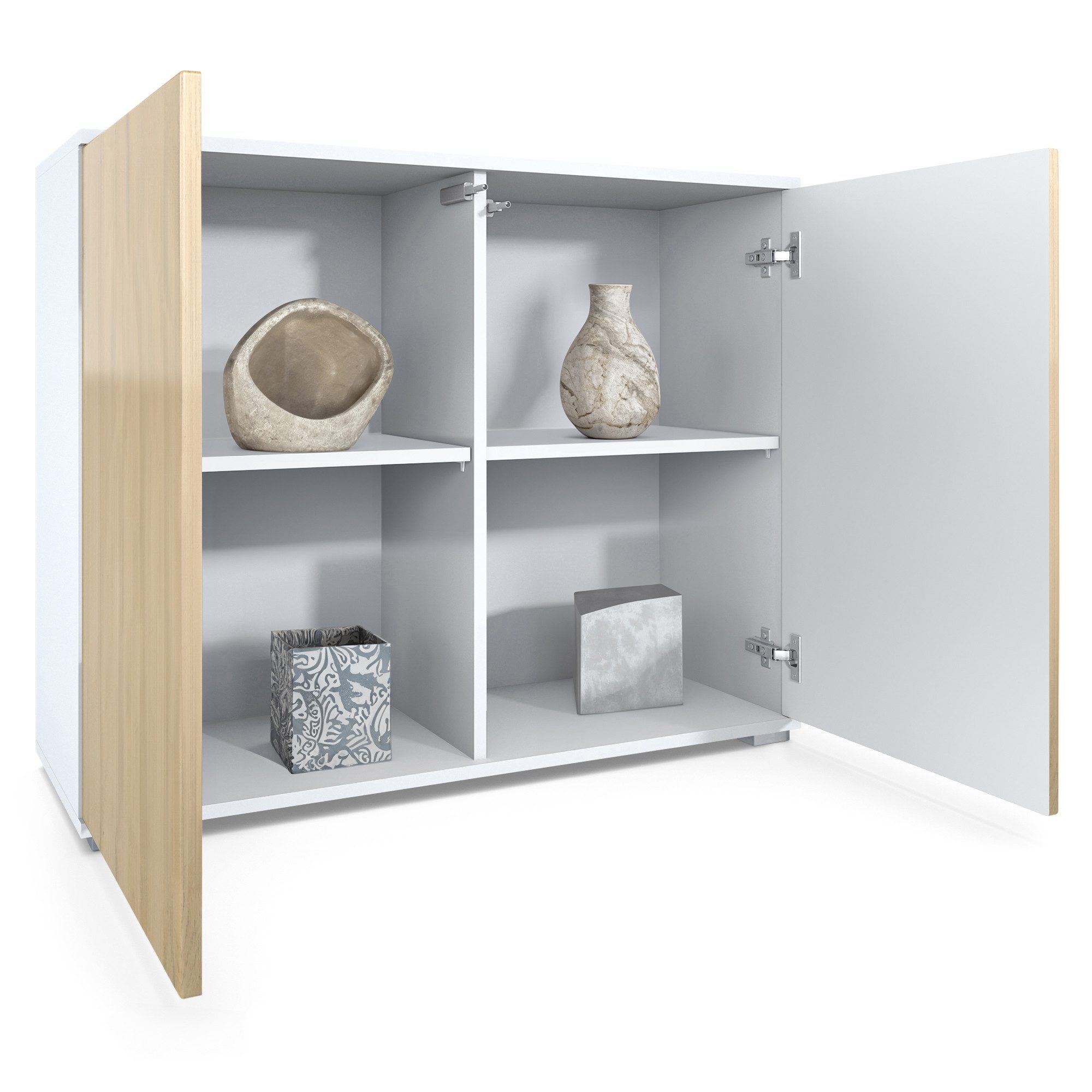 Vladon Kommode Skadu V3 (Moderner Küchenschrank, mit 2 großen Türen), Weiß matt / Weiß Hochglanz (92,5 x 75.5 x 35)