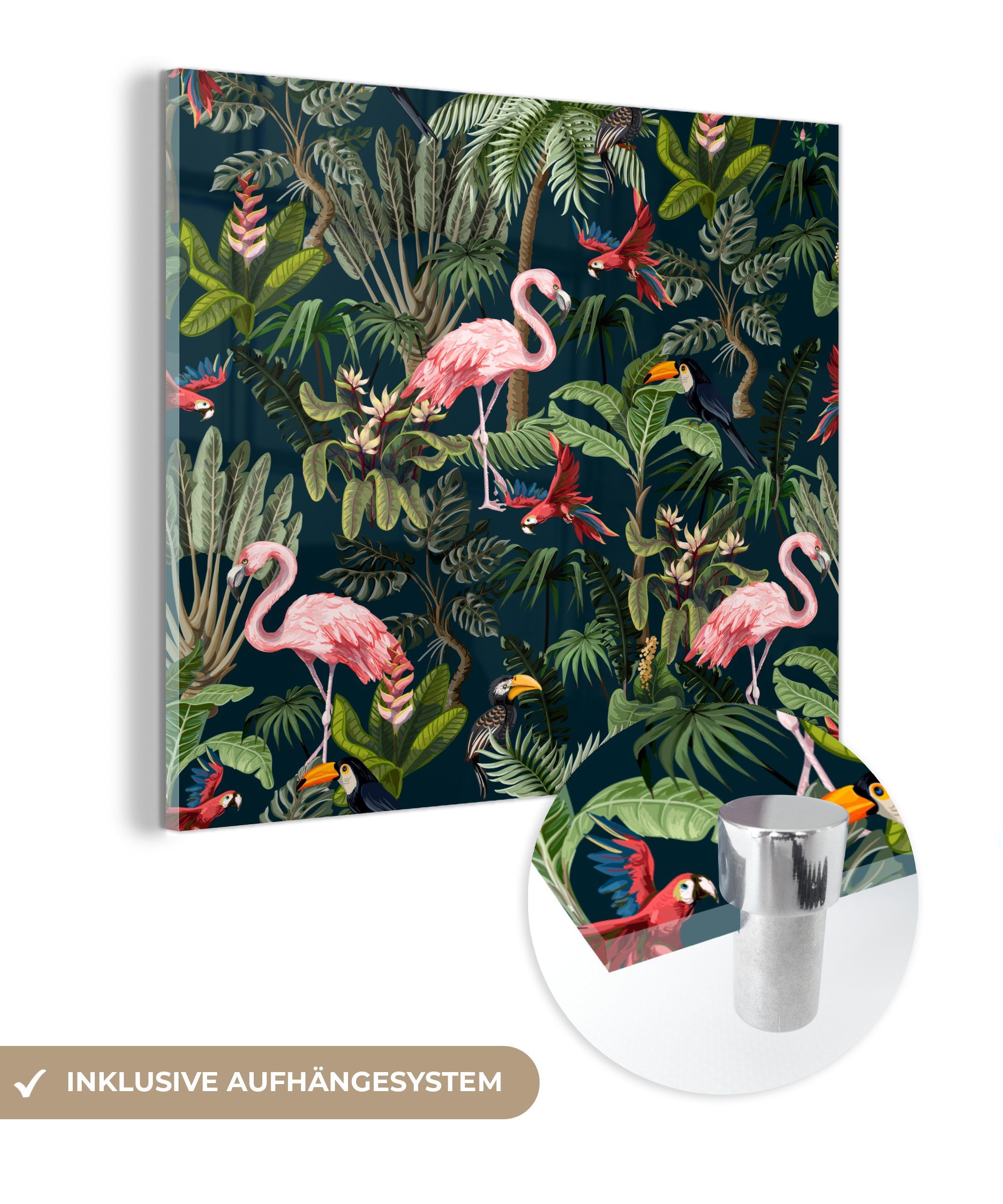 MuchoWow Acrylglasbild Jungtiere - Muster - Kinder - Flamingo - Papagei - Kinder, (1 St), Glasbilder - Bilder auf Glas Wandbild - Foto auf Glas - Wanddekoration bunt