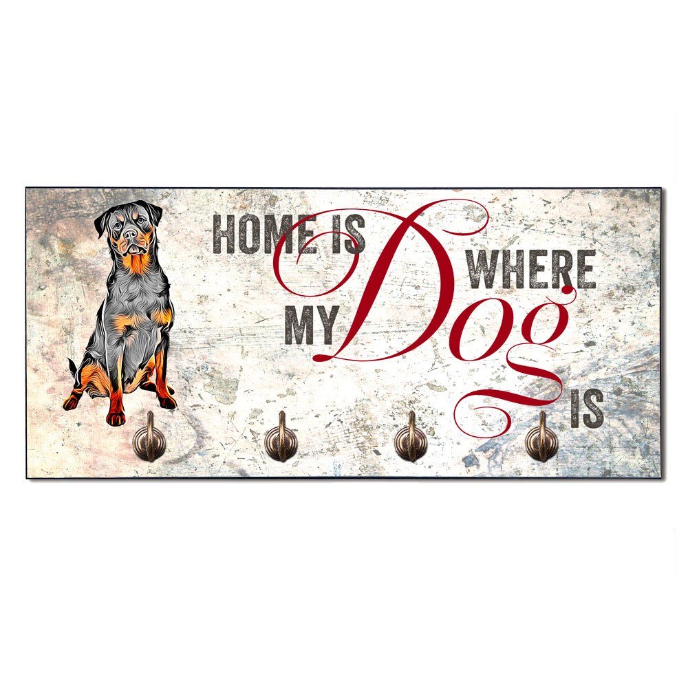 Cadouri Wandgarderobe ROTTWEILER Hundegarderobe - Wandboard für Hundezubehör (Garderobe mit 4 Haken), MDF, mit abgeschrägten Ecken, handgefertigt, für Hundebesitzer