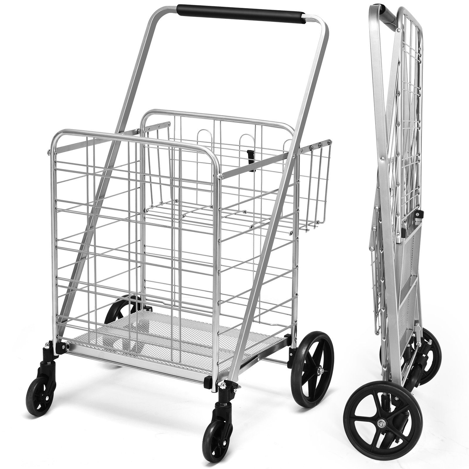 COSTWAY Einkaufstrolley, mit Doppelkorb & 360° drehbaren Rädern, bis 150kg Silber
