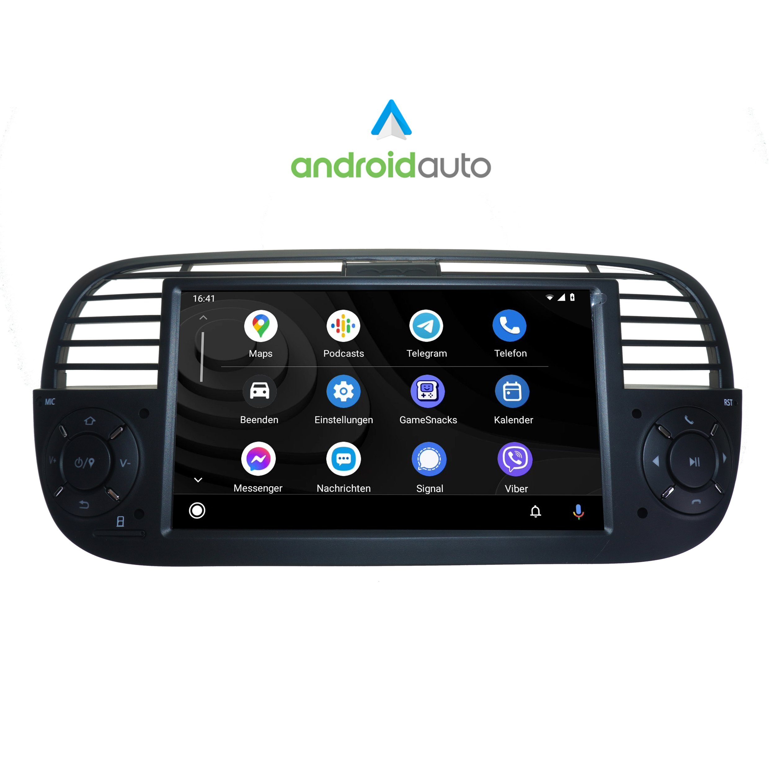 TAFFIO Für Fiat 500 (Schwarz) 7" Touchscreen Android Autoradio GPS CarPlay Einbau-Navigationsgerät