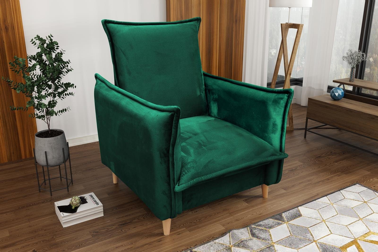 Armchair (kronos Design, Sessel grün 19) (Relaxsessel Wohnzimmersessel), sknadinavisches für Beautysofa Wohnzimmer, Flasches Polstersessel Pillow im