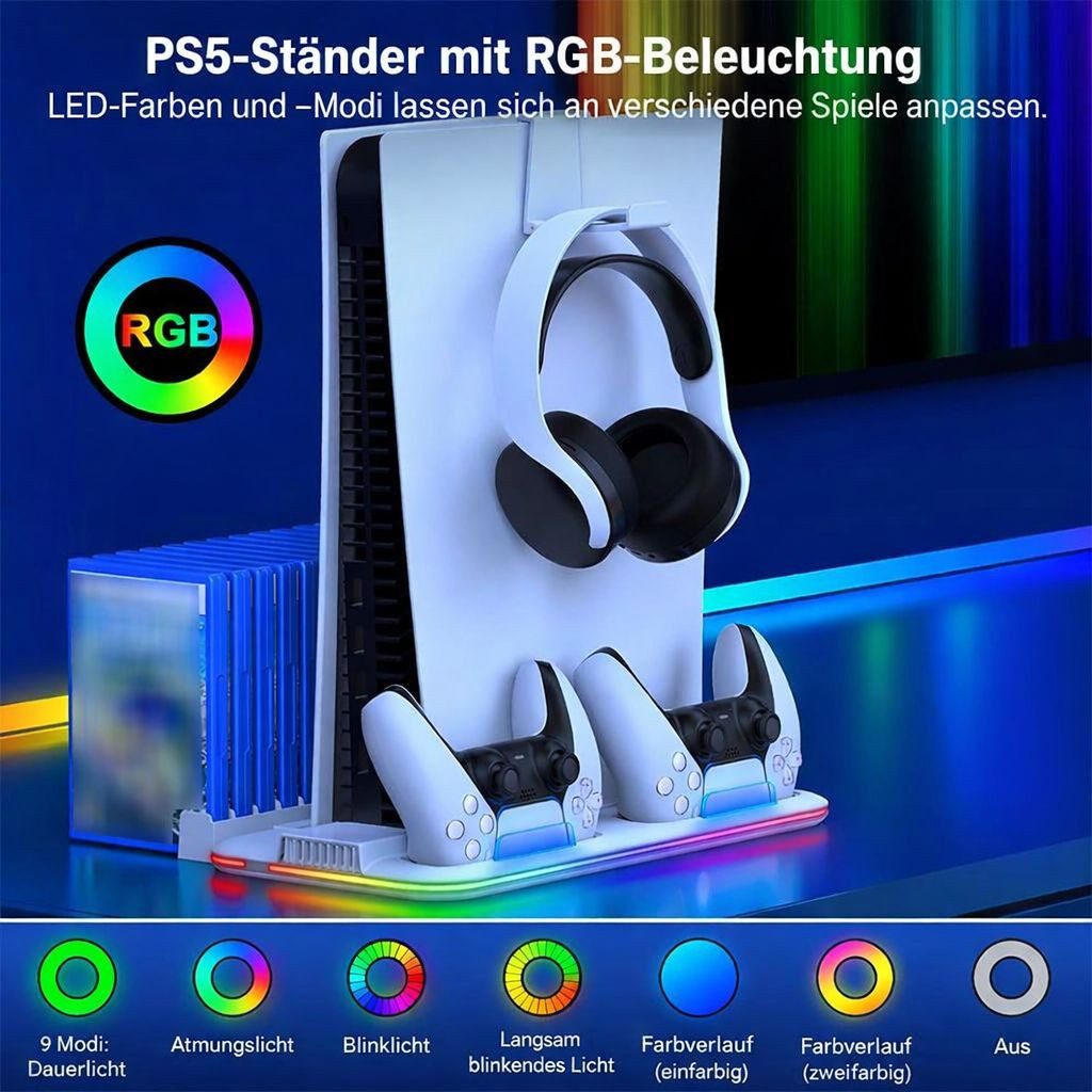 BBG PS5-Kühlständer für PS5, PS5 Slim und PS5 Pro,Disc und Digital Edition Ladestation (3-stufige Lüftersteuerung, 2 Controller-Ladeplätze, RGB-Beleuchtung, 15  – Bild 5 von 5