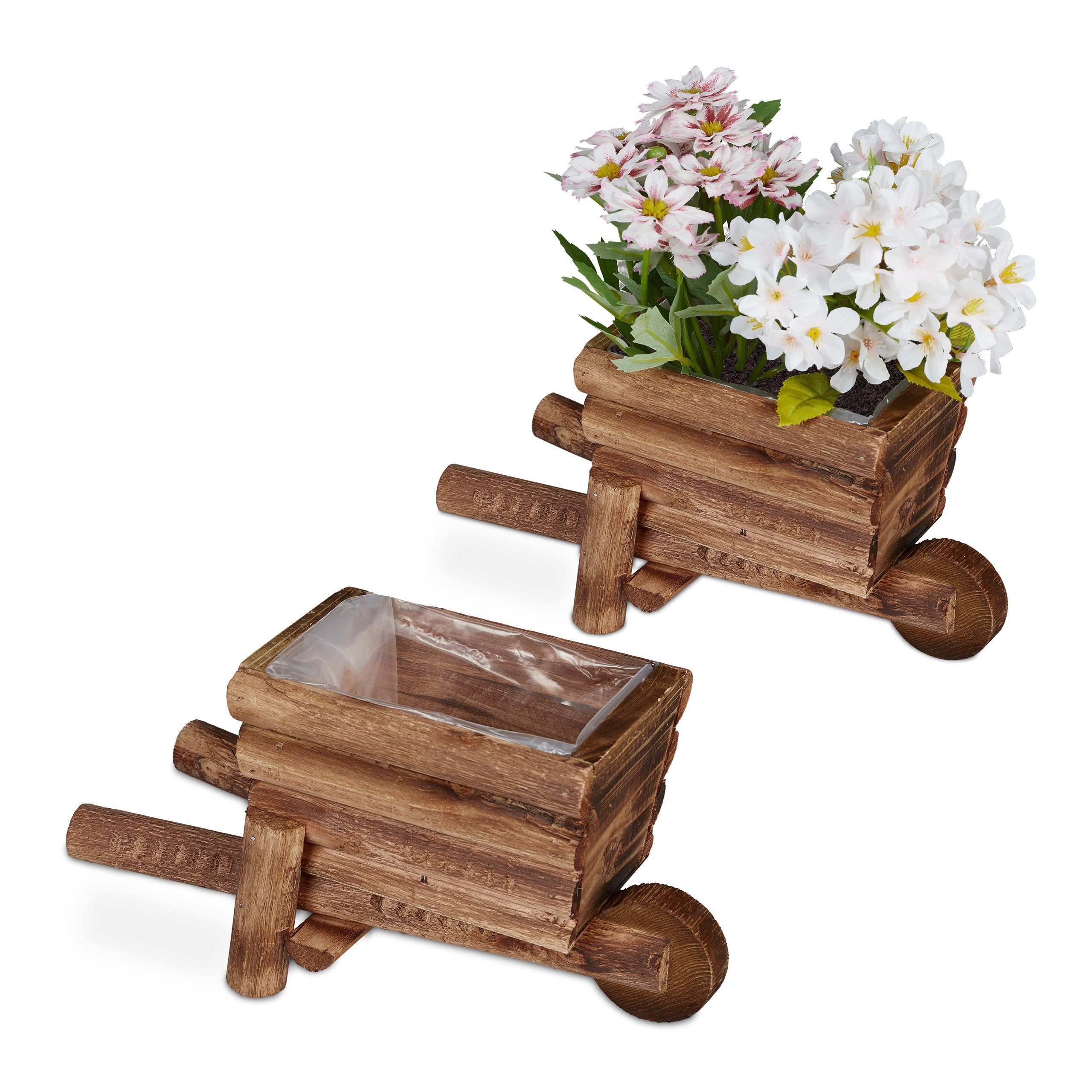 relaxdays Pflanzschale Pflanzschubkarre aus Holz 2er Set