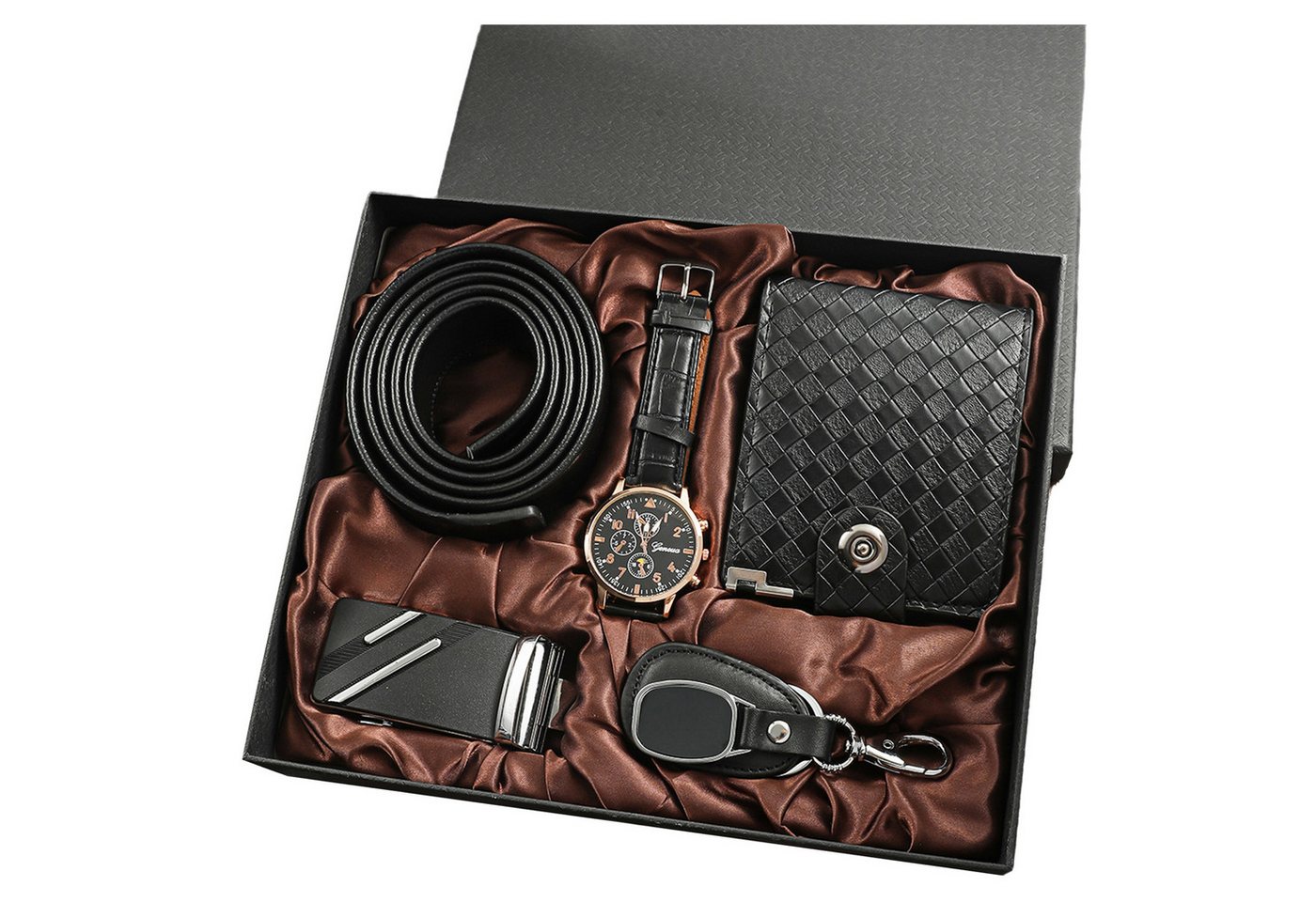 ibettertec Geschenkbox 4PCS Männer Gürtel Quarzuhr Geldbörse Schlüsselanhänger (Herren Geschenkbox Sets,für Ihren Vater,Männer, Sohn, Freund und Kollegen, Geschenke für papa, Geschenk Vatertag, Weihnachtsgeschenk), mit Ledergürtel Wallet Watch Schlüsselan
