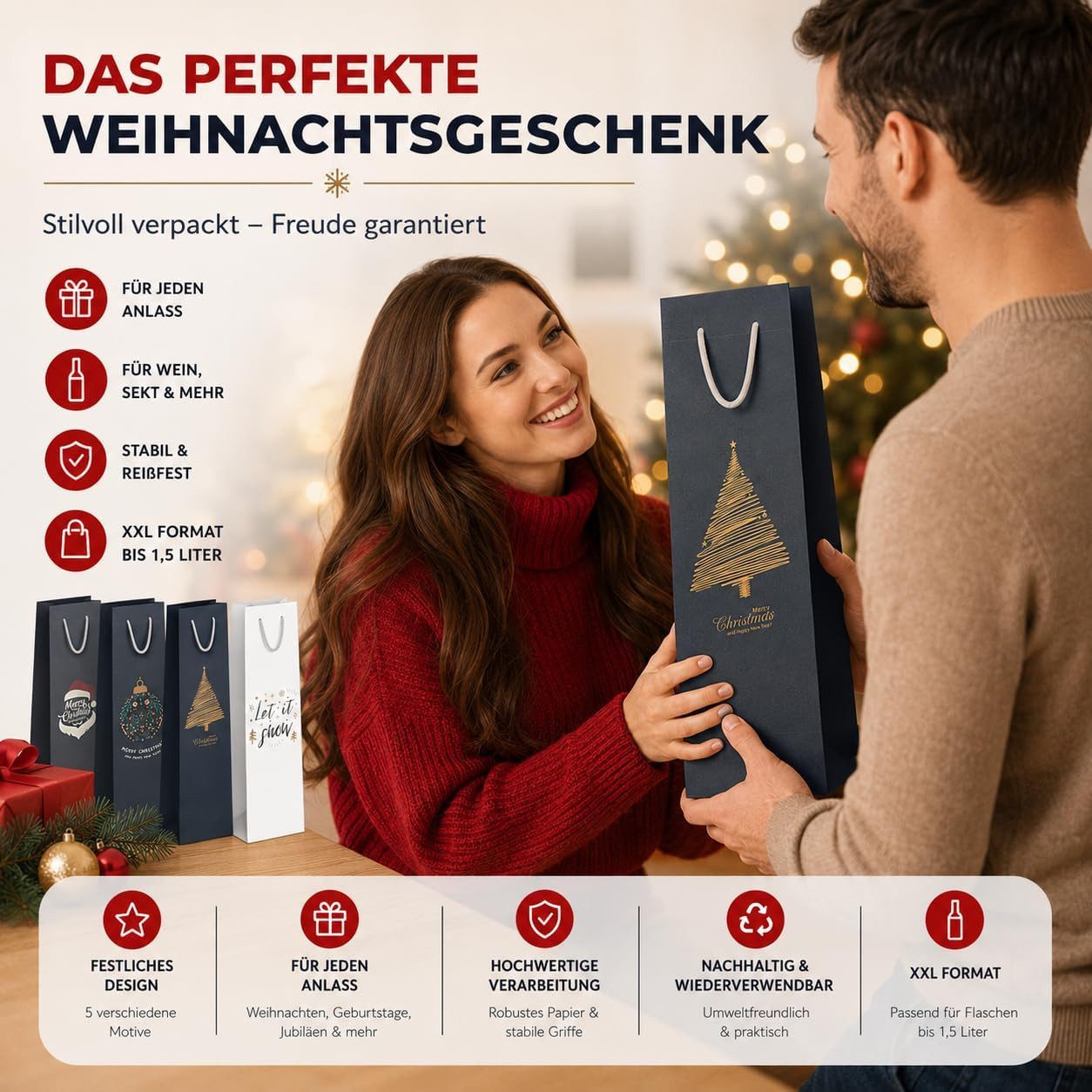 MerryXmas Aufbewahrungsbox 12x Flaschentüten für Weihnachten - Bottle Bag - Weintragetaschen (12er Set, 12 St)