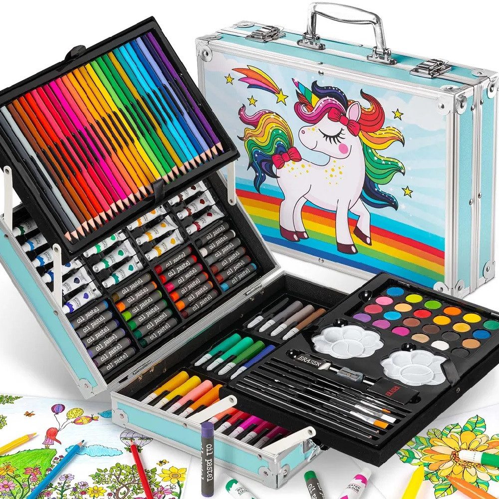 Wisam Kreativset 145-teiliger Einhorn Kunstkoffer für Kinder mit Zeichen und Malutensil, (Spar-Set)