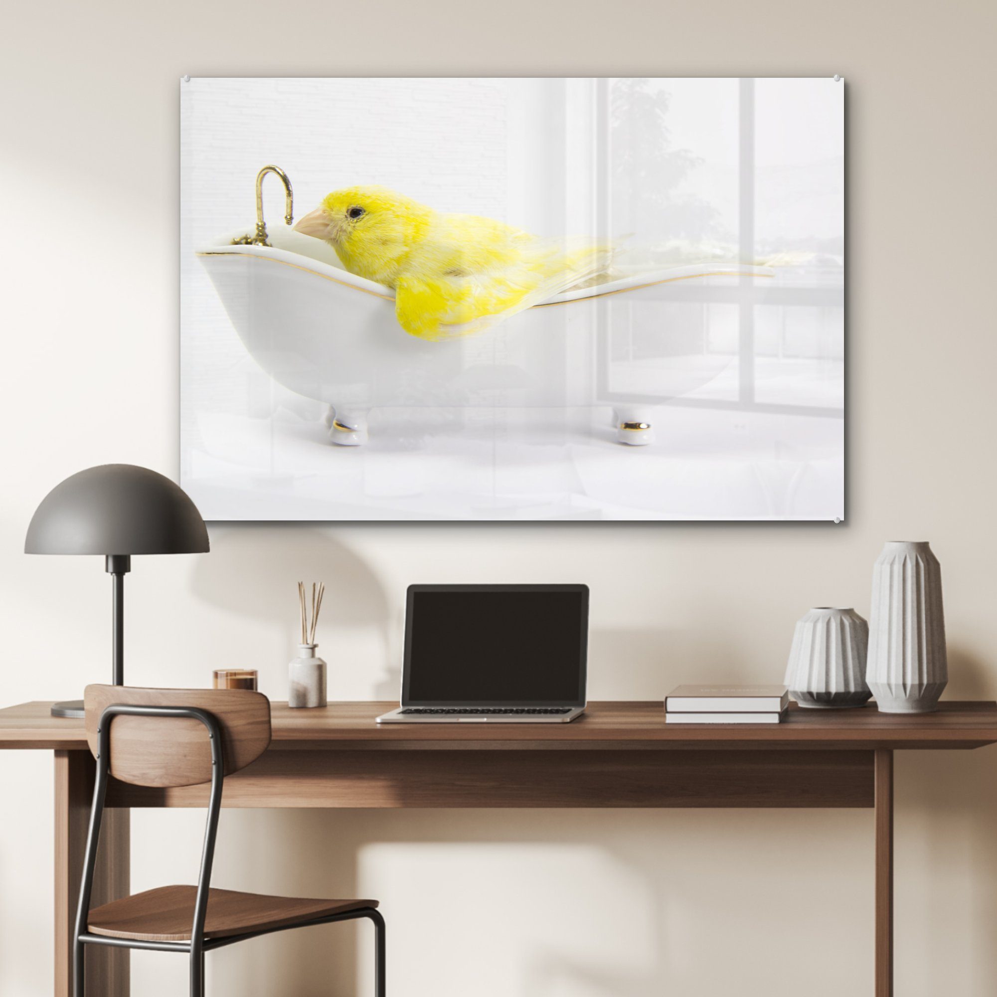 weißen in Wohnzimmer MuchoWow (1 einer Schlafzimmer Acrylglasbilder Acrylglasbild Gelber St), & Kanarienvogel Badewanne,