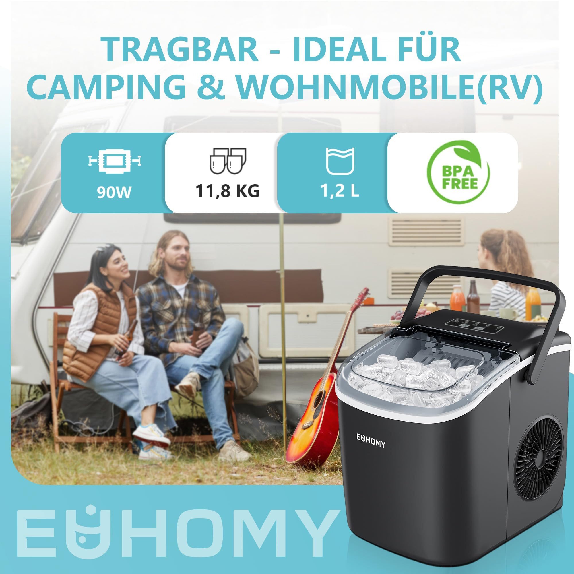 EUHOMY Eiswürfelmaschine Eiswürfelmaschine, 12 kg/24h, 2 Eisgrößen, selbstreinigend, kompakt, Leise, kompakt und schnell einsatzbereit fuer den taeglichen Eisbedarf