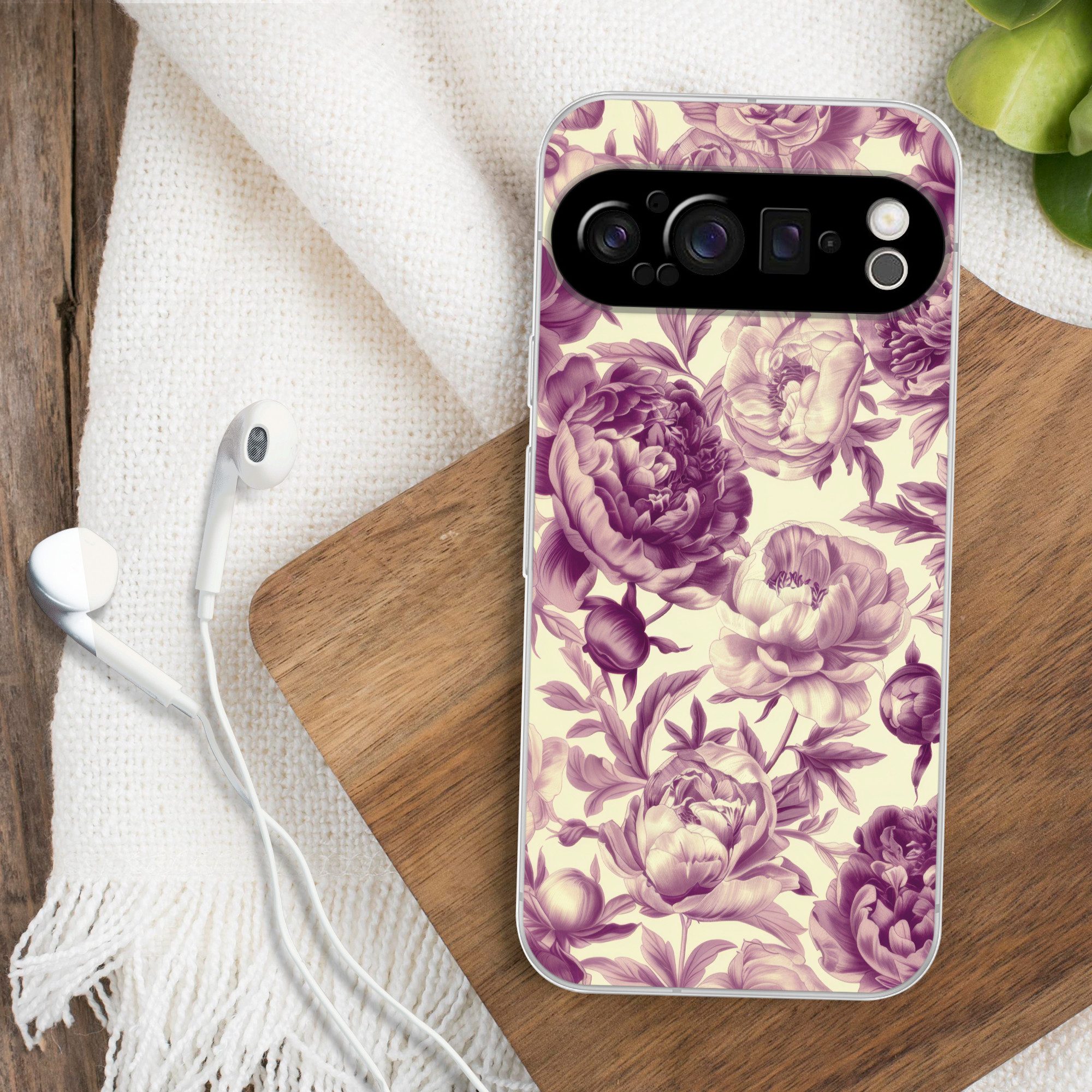 MuchoWow Handyhülle für Google Pixel 9 Pro Blumen - Muster - Lila - Beige, Phone Case, Silikon, Schutzhülle Dünn