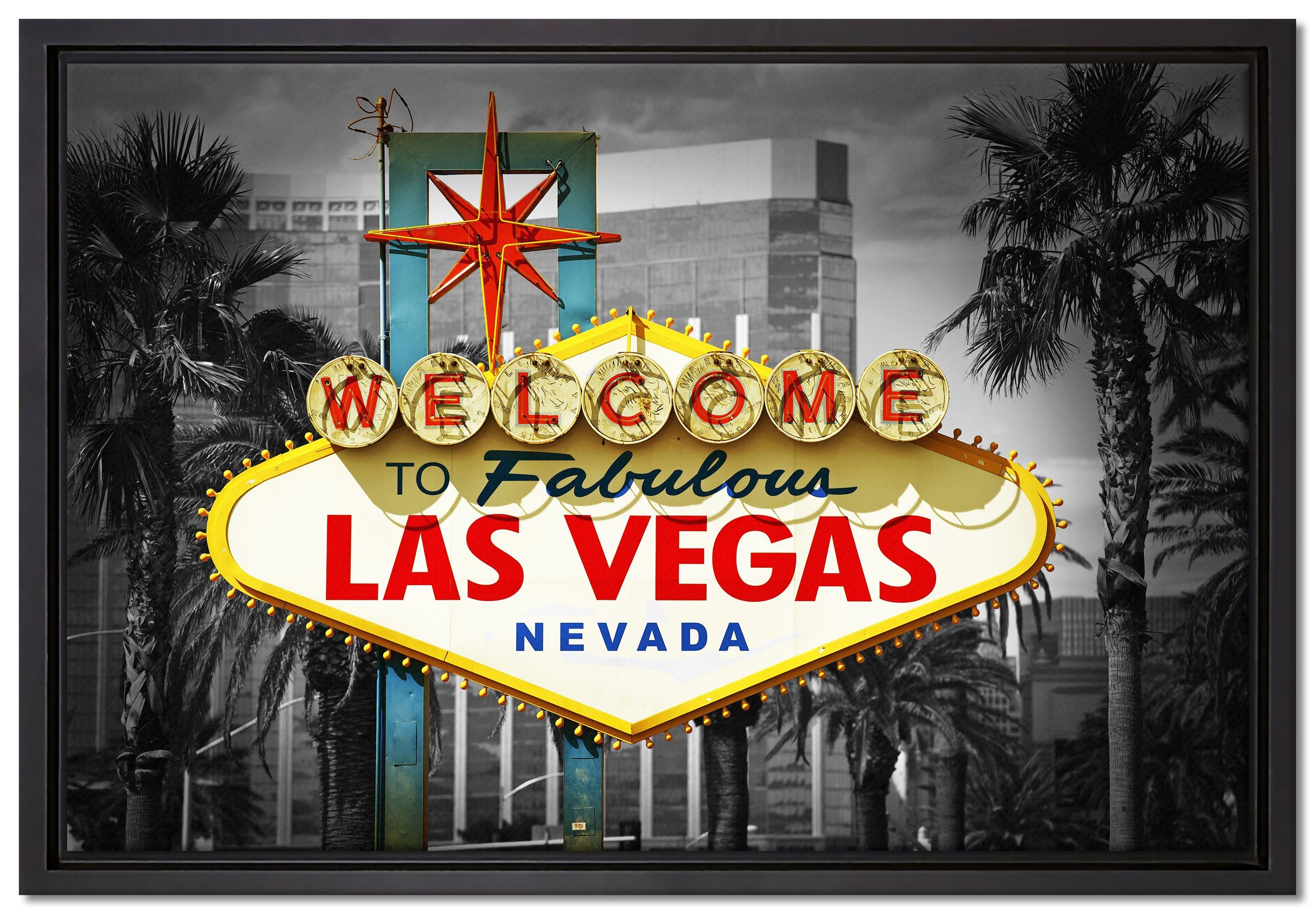 Pixxprint Leinwandbild Ortseingangsschild Las Vegas, Wanddekoration (1 St), Leinwandbild fertig bespannt, in einem Schattenfugen-Bilderrahmen gefasst, inkl. Zackenaufhänger | Leinwandbilder