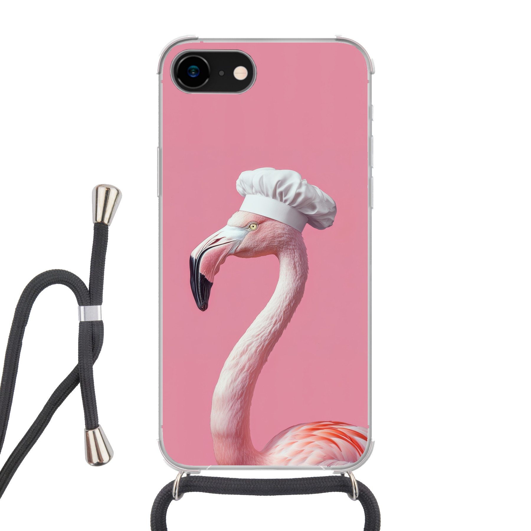 MuchoWow Handyhülle für Apple iPhone 8 Flamingo - Rosa - Kochmütze - Vogel, Tragbare Handyhüllen mit Kette zum umhängen, Handykette Handyband