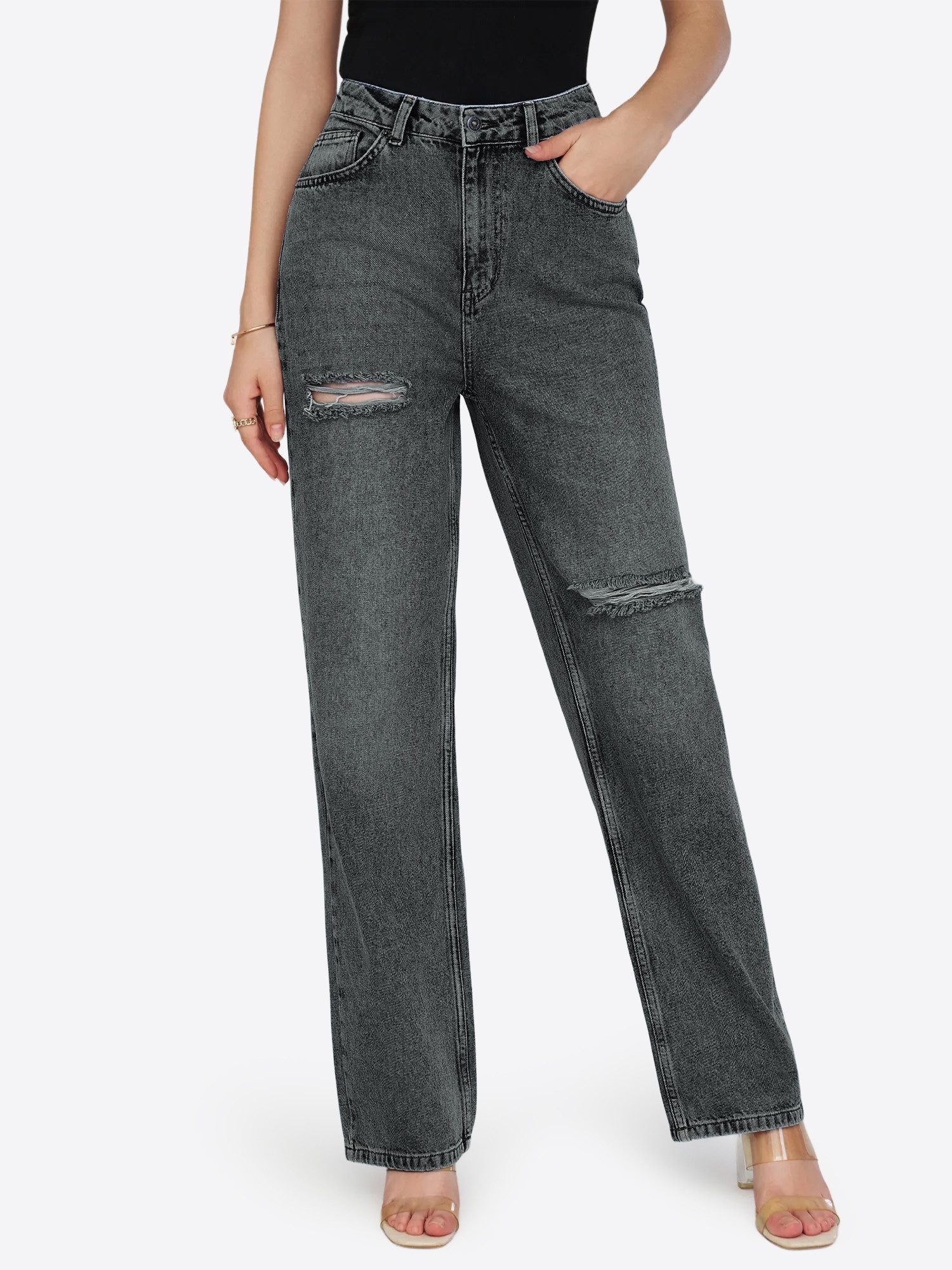Imily Bela Loose-fit-Jeans Damen Zerrissene Jeans mit geradem Bein (Packung, 1-tlg., 1per-Pack) in Unifarbe