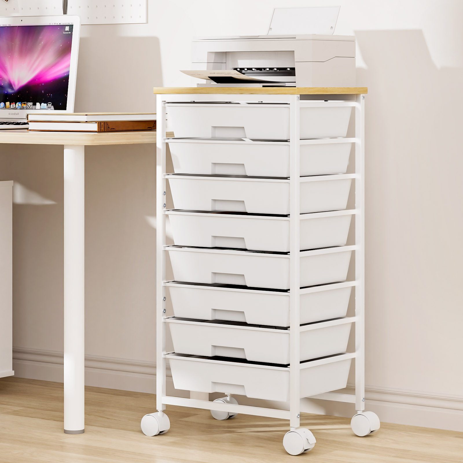 Yorbay Rollwagen mit 8 Schubladen und Holzplatte, Schubladenschrank aus Kunststoff, (Multifunktionaler Aufbewahrungsrollcontainer mit Rollen), für Wohnzimmer, Schlafzimmer, Badezimmer, Büro, Klassenzimmer, Küche