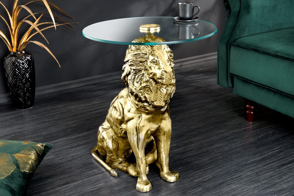 riess-ambiente Beistelltisch WILDLIFE LION 60cm gold antik / transparent · Couchtisch aus Metall (Einzelartikel, 1-St), Wohnzimmertisch mit Glas-Tischplatte · rund · handmade · Löwen-Statue