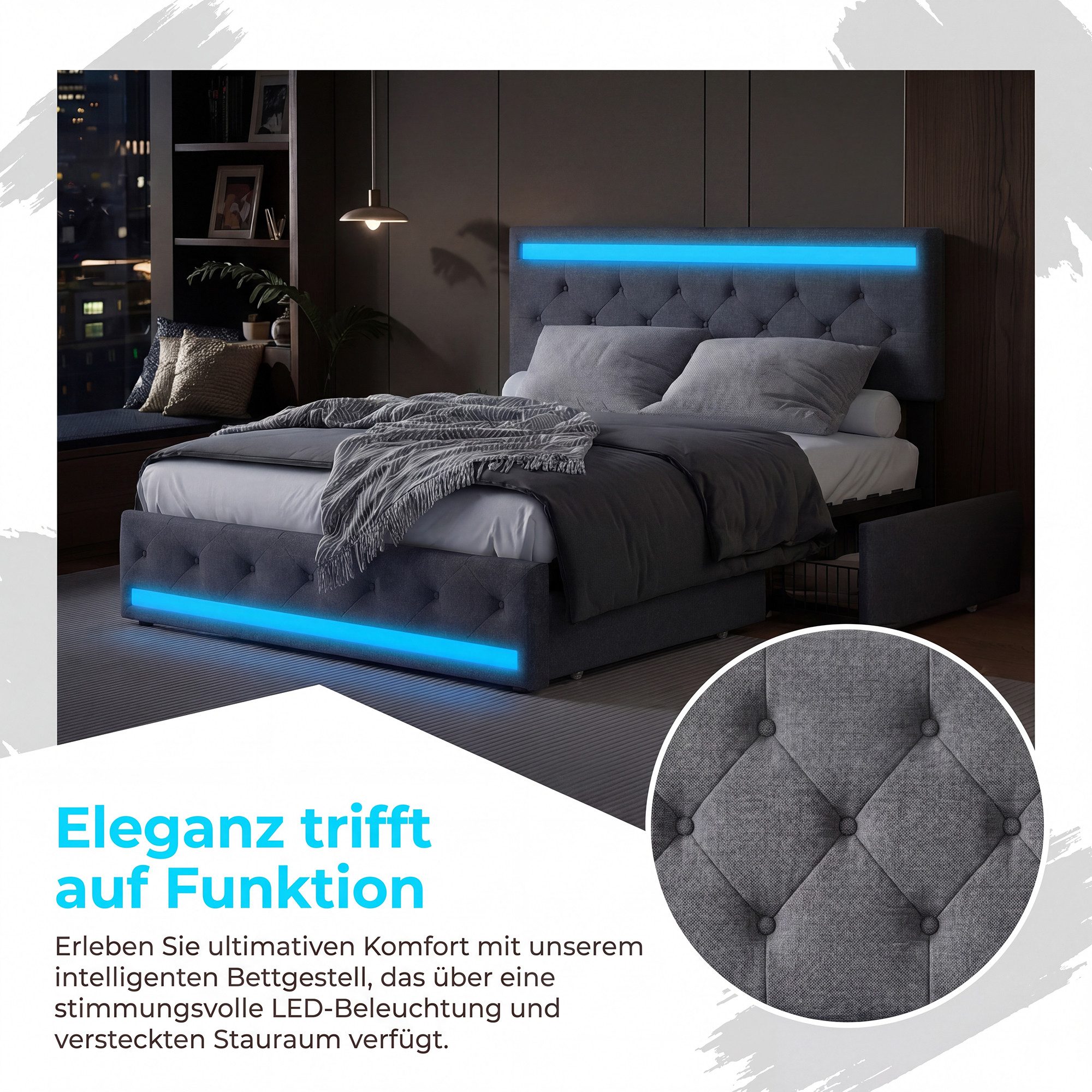 Yelenaro Stauraumbett Polsterbett Doppelbett mit LED Licht USB+Typ-C (Packung, 1-tlg., Jugendbett), 160x200 cm,Leinenstoff,Mit Kopfteil und Bettgestell,Grau – Bild 5 von 5