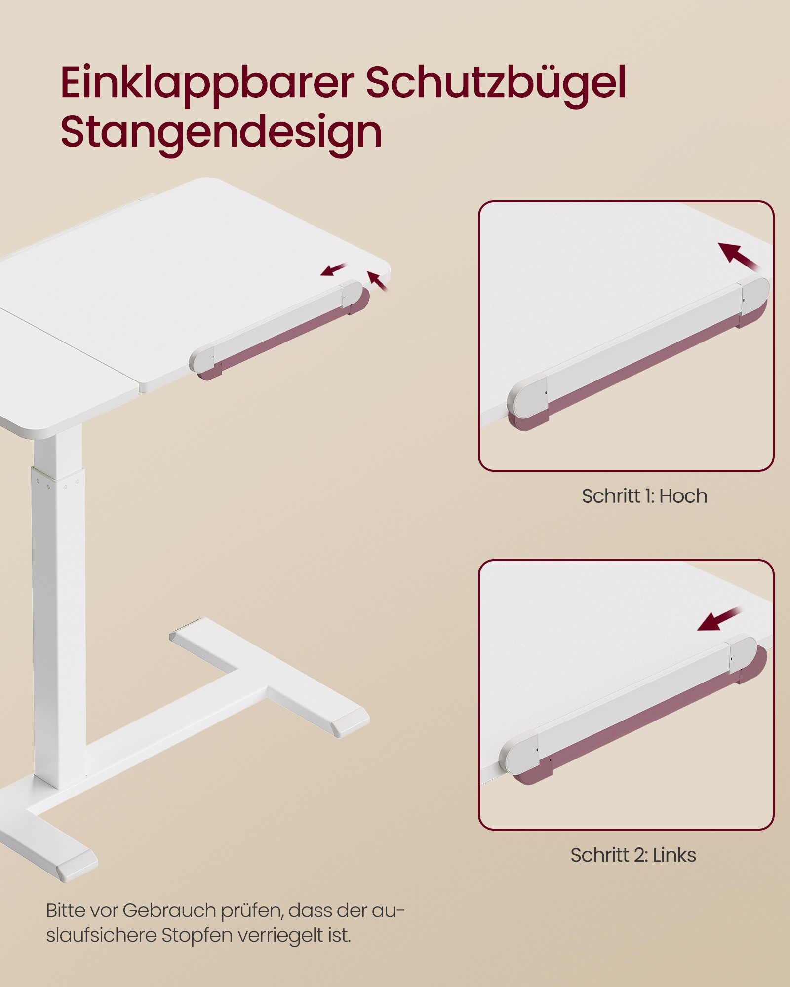 VASAGLE Schreibtisch Höhenverstellbarer Laptoptisch mit Rollen und Neigbarer Tischplatte, 70 x 40 x 68-102,5 cm Weiß – Bild 4 von 5